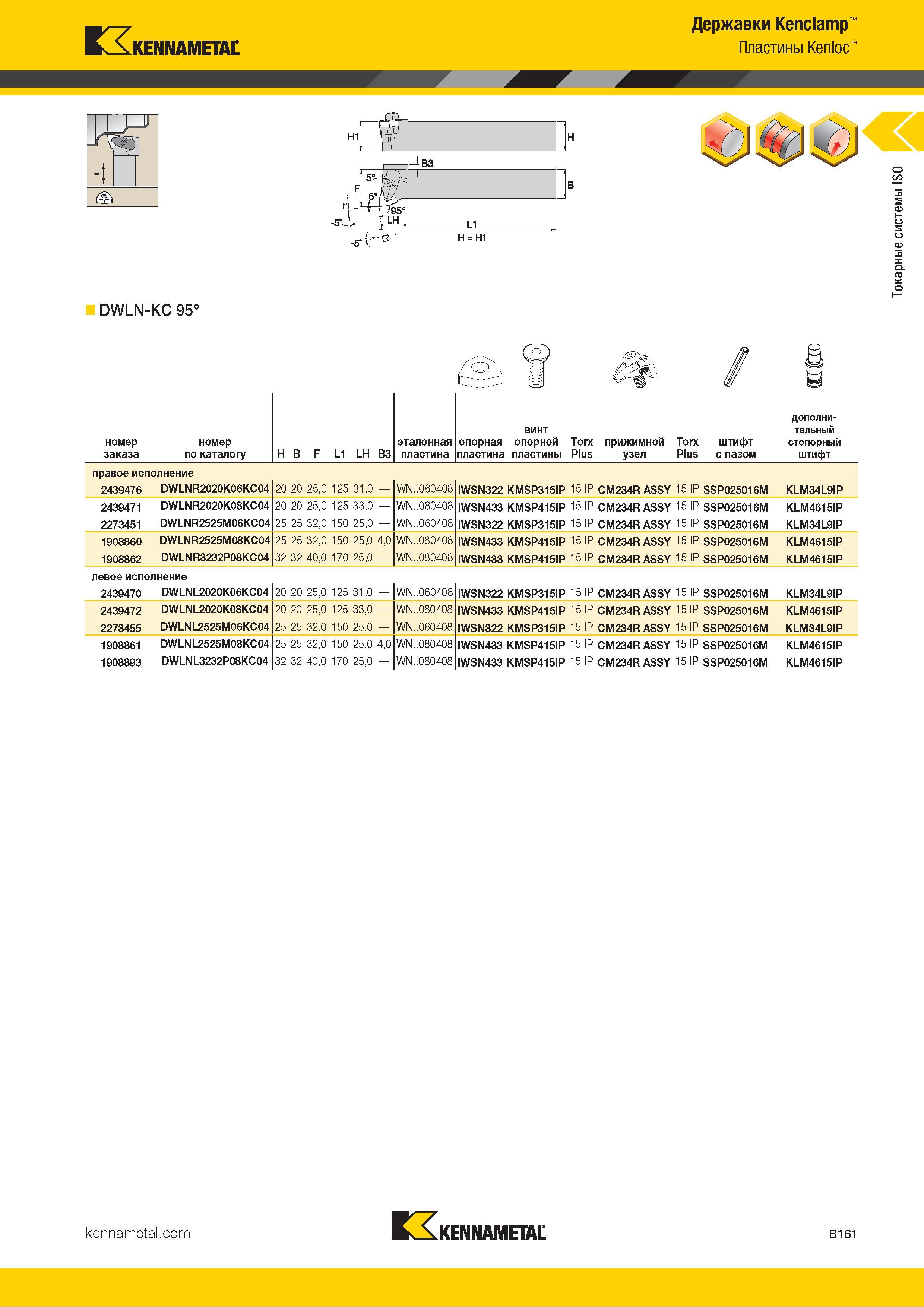 183 DWLN-KC 95° номер заказа номер по каталогу H B F L1 LH B3 эталонная пластина винт опорная опорной Torx прижимной Torx штифт пластина пластины Plus узе Каталог KENNAMETAL 2018 Инструмент токарный Резцы и державки с режущими сменными пластинами для наружного точения и внутреннего растачивания на станках Стр. B161
