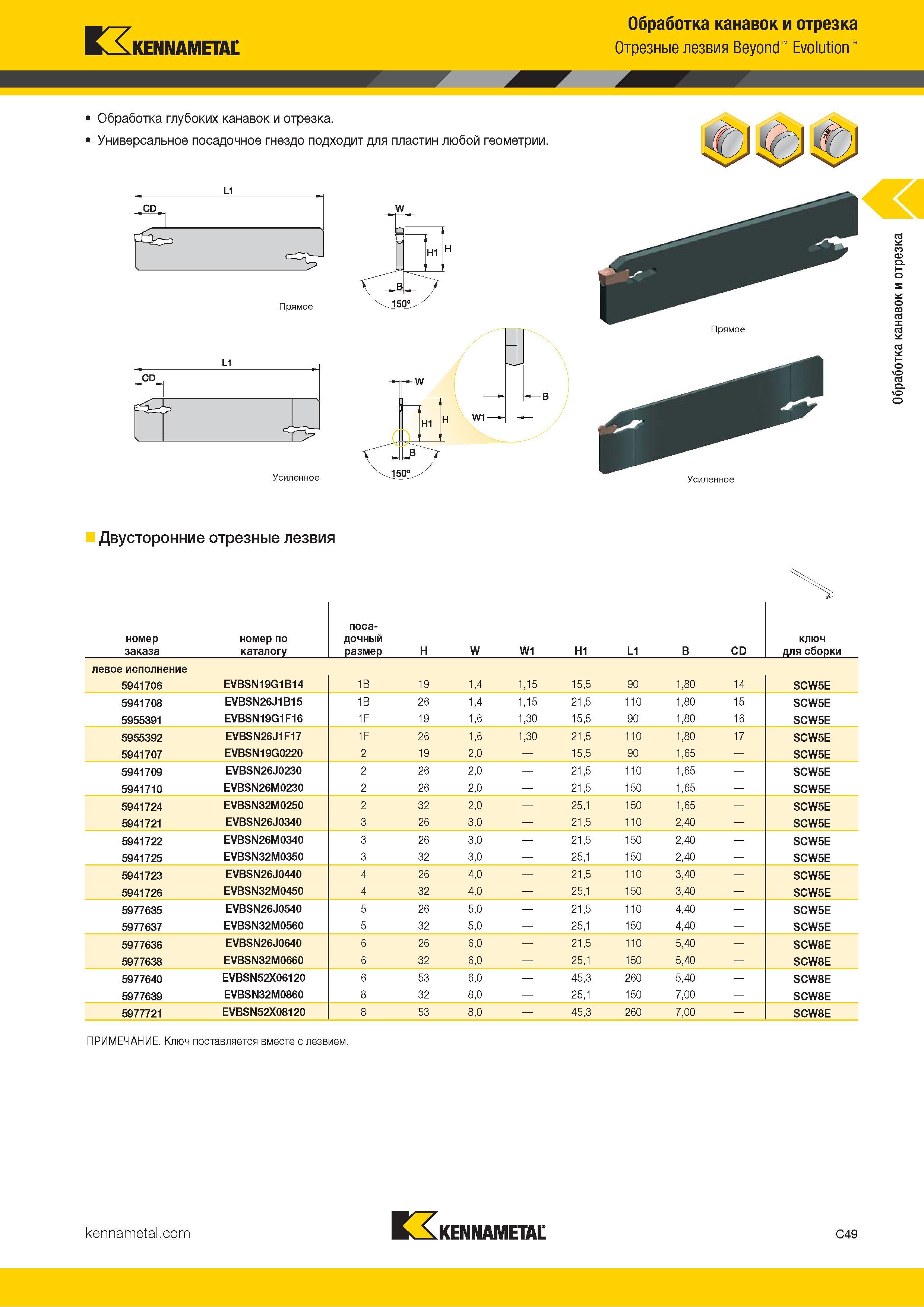 459 Kennametal Обработка канавок и отрезка Отрезные лезвия Beyond Evolution Обработка глубоких канавок и отрезка Универсальное посадочное гнездо подходит Каталог KENNAMETAL 2018 Инструмент токарный Резцы и державки с режущими сменными пластинами для наружного точения и внутреннего растачивания на станках Стр. C49
