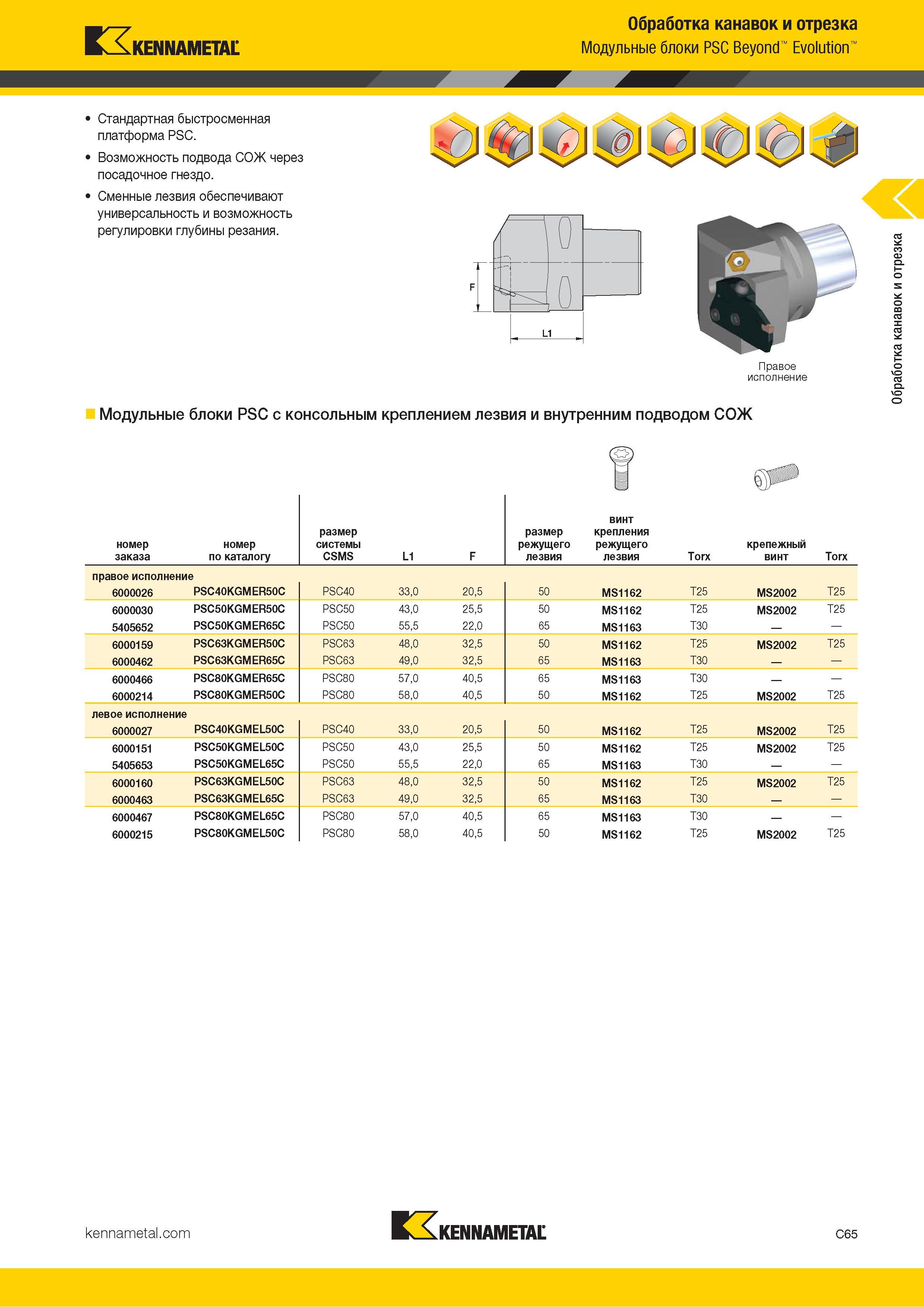 475 Kennametal Обработка канавок и отрезка Модульные блоки PSC Beyond Evolution Стандартная быстросменная платформа PSC Возможность подвода СОЖ через поса Каталог KENNAMETAL 2018 Инструмент токарный Резцы и державки с режущими сменными пластинами для наружного точения и внутреннего растачивания на станках Стр. C65