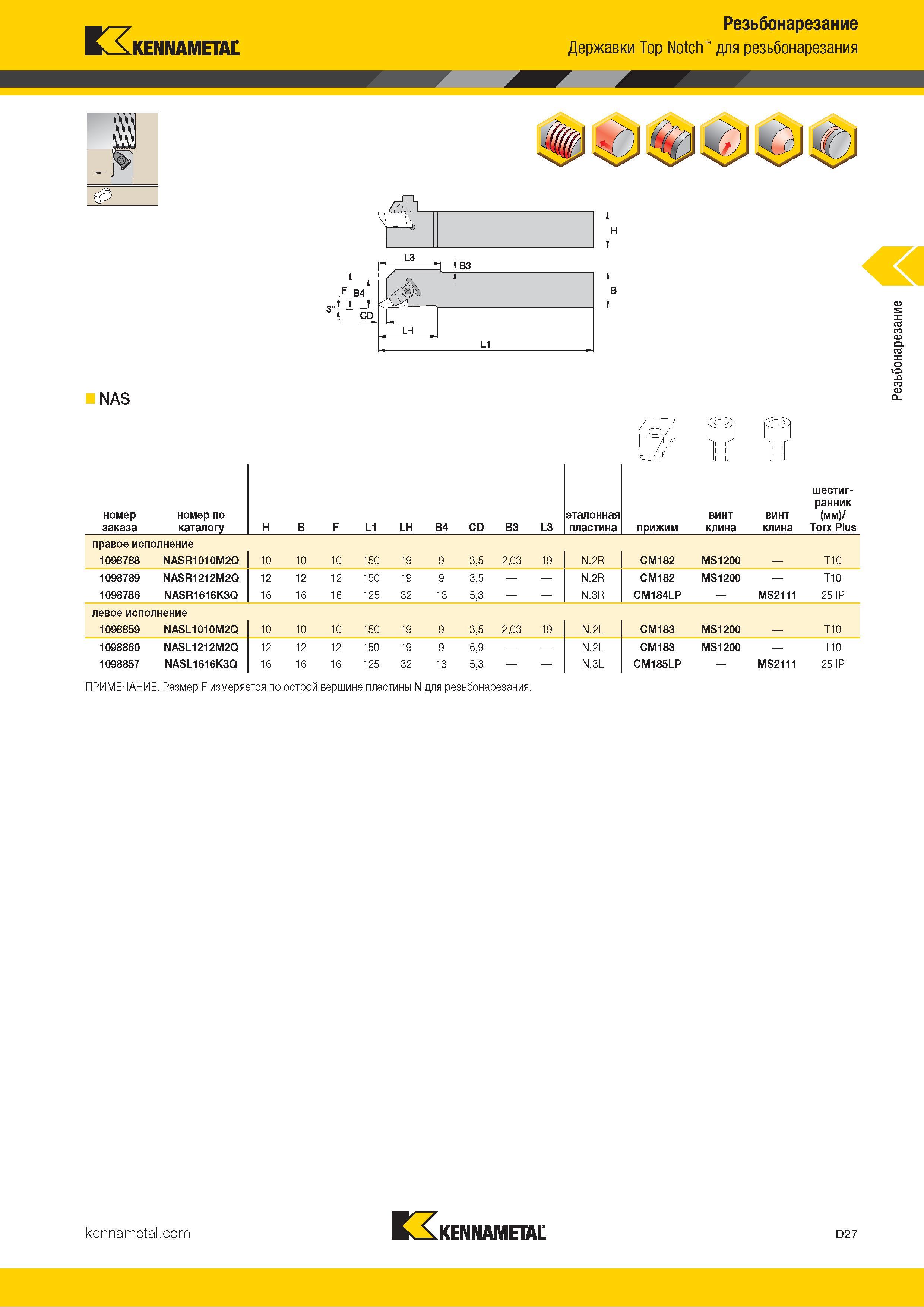 617 Kennametal Резьбонарезание Державки Top Notch для резьбонарезания NAS Номер по заказа каталогу H B F L1 LH B4 CD B3 L3 эталонная пластина прижим винт Каталог KENNAMETAL 2018 Инструмент токарный Резцы и державки с режущими сменными пластинами для наружного точения и внутреннего растачивания на станках Стр. D27