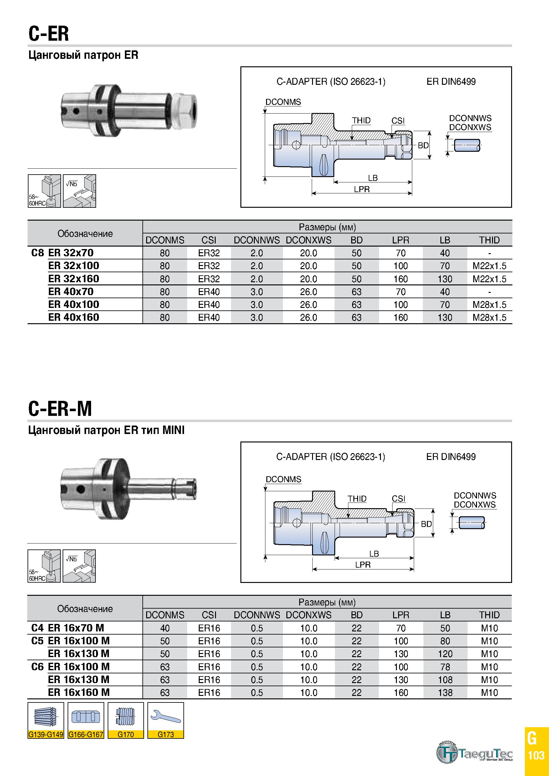 918 C-ER Цанговый патрон ER C-ADAPTER (ISO 26623-1) DCONMS Ш ER DIN6499 THID CSI DCONNWS DCONXWS piT BD Обозначение Размеры (мм) DCONMS CSI DCONNWS D Каталог TAEGUTEC 2020 Вращающийся режущий и вспомогательный инструмент по металлу Твердосплавные пластины Сборные фрезы с СМП Монолитные фрезы и сверла Инструментальные патроны Стр. G103