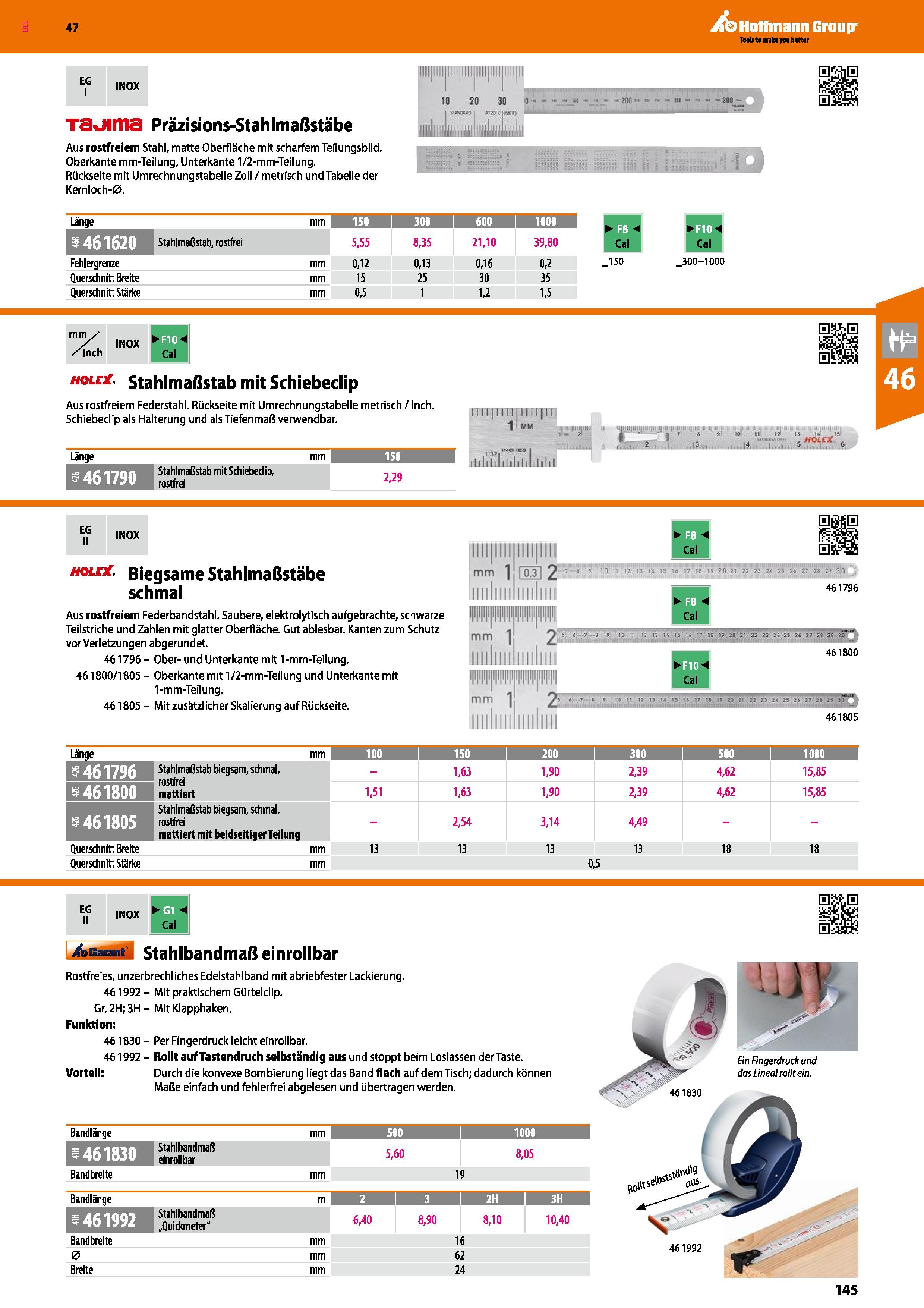 145 EG I INOX Taüima Präzisions-Stahlmaßstäbe Aus rostfreiem Stahl, matte Oberfläche mit scharfem Teilungsbild Oberkante mm-Teilung, Unterkante 1/2-m Каталог HOFFMANN GROUP 2016 Ручной слесарно-монтажный и контрольно-измерительный инструмент и приборы для предприятий машиностроения и мастерских сервисного обслуживания 47 версия издания Стр. 145 DEU