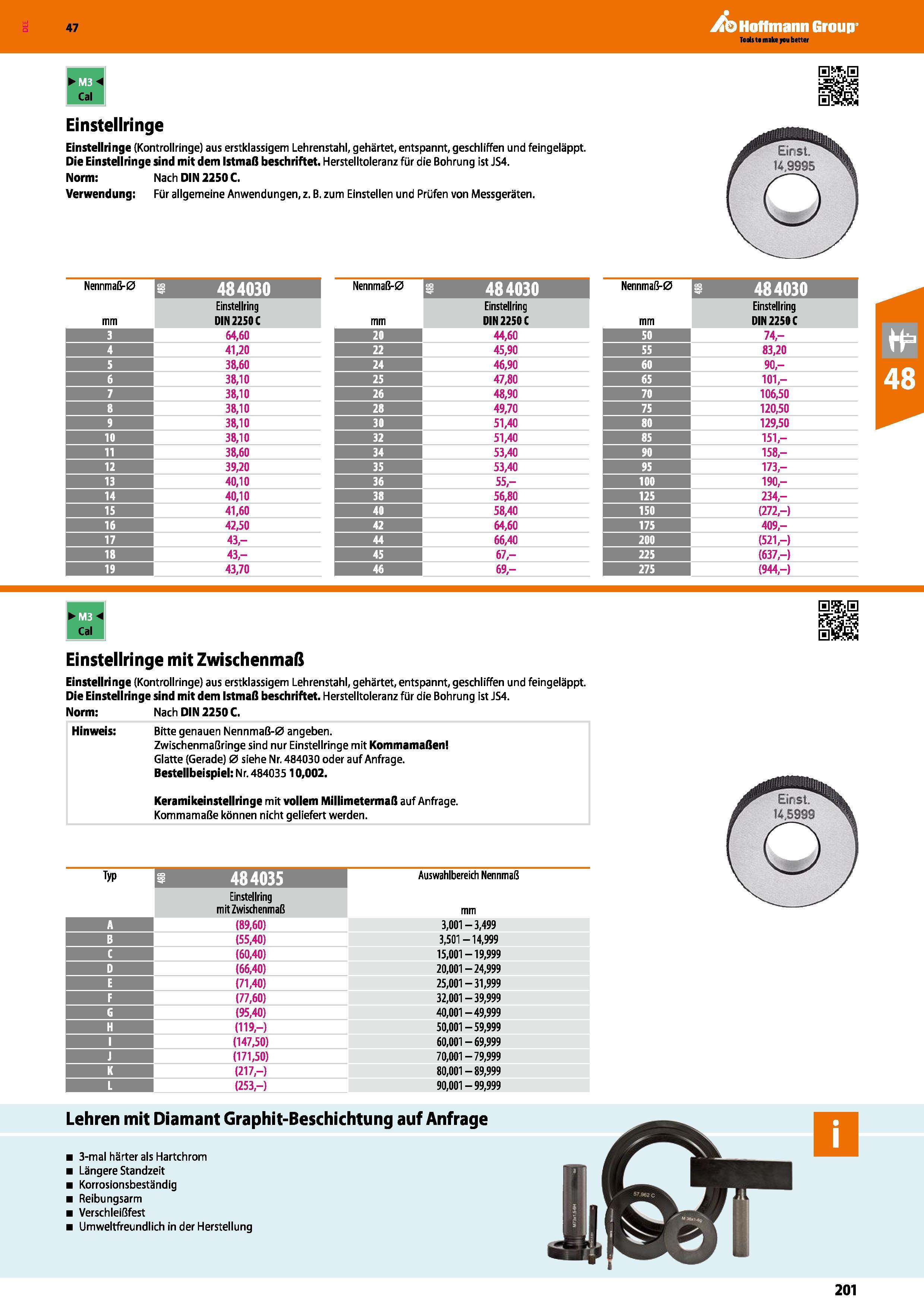 201 Einstellringe Einstellringe (Kontrollringe) aus erstklassigem Lehrenstahl, gehärtet, entspannt, geschliffen und feingeläppt Die Einstellringe sin Каталог HOFFMANN GROUP 2016 Ручной слесарно-монтажный и контрольно-измерительный инструмент и приборы для предприятий машиностроения и мастерских сервисного обслуживания 47 версия издания Стр. 201 DEU