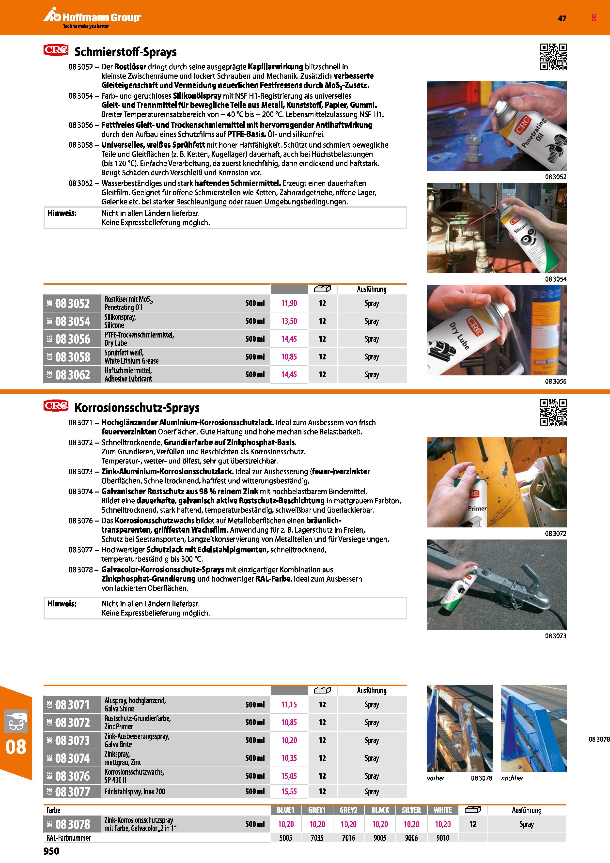 950 SÜD Schmierstoff-Sprays 083052 - Der Rostlöser dringt durch seine ausgeprägte Kapillarwirkung blitzschnell in kleinste Zwischenräume und lockert Каталог HOFFMANN GROUP 2016 Ручной слесарно-монтажный и контрольно-измерительный инструмент и приборы для предприятий машиностроения и мастерских сервисного обслуживания 47 версия издания Стр. 950 DEU