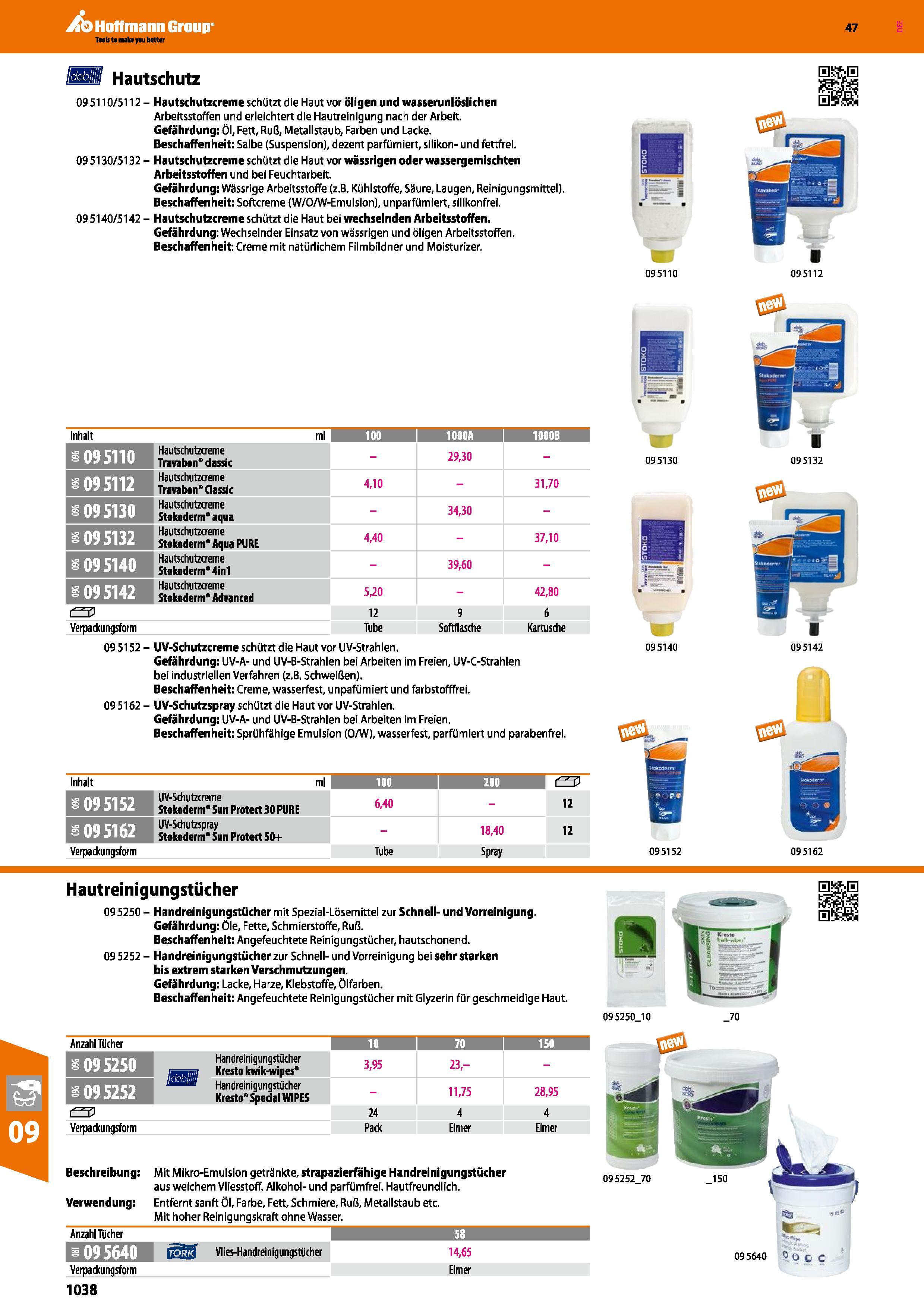1038 Hautschutz 095110/5112 - Hautschutzcreme schützt die Haut vor öligen und wasserunlöslichen Arbeitsstoffen und erleichtert die Hautreinigung nach Каталог HOFFMANN GROUP 2016 Ручной слесарно-монтажный и контрольно-измерительный инструмент и приборы для предприятий машиностроения и мастерских сервисного обслуживания 47 версия издания Стр. 1038 DEU