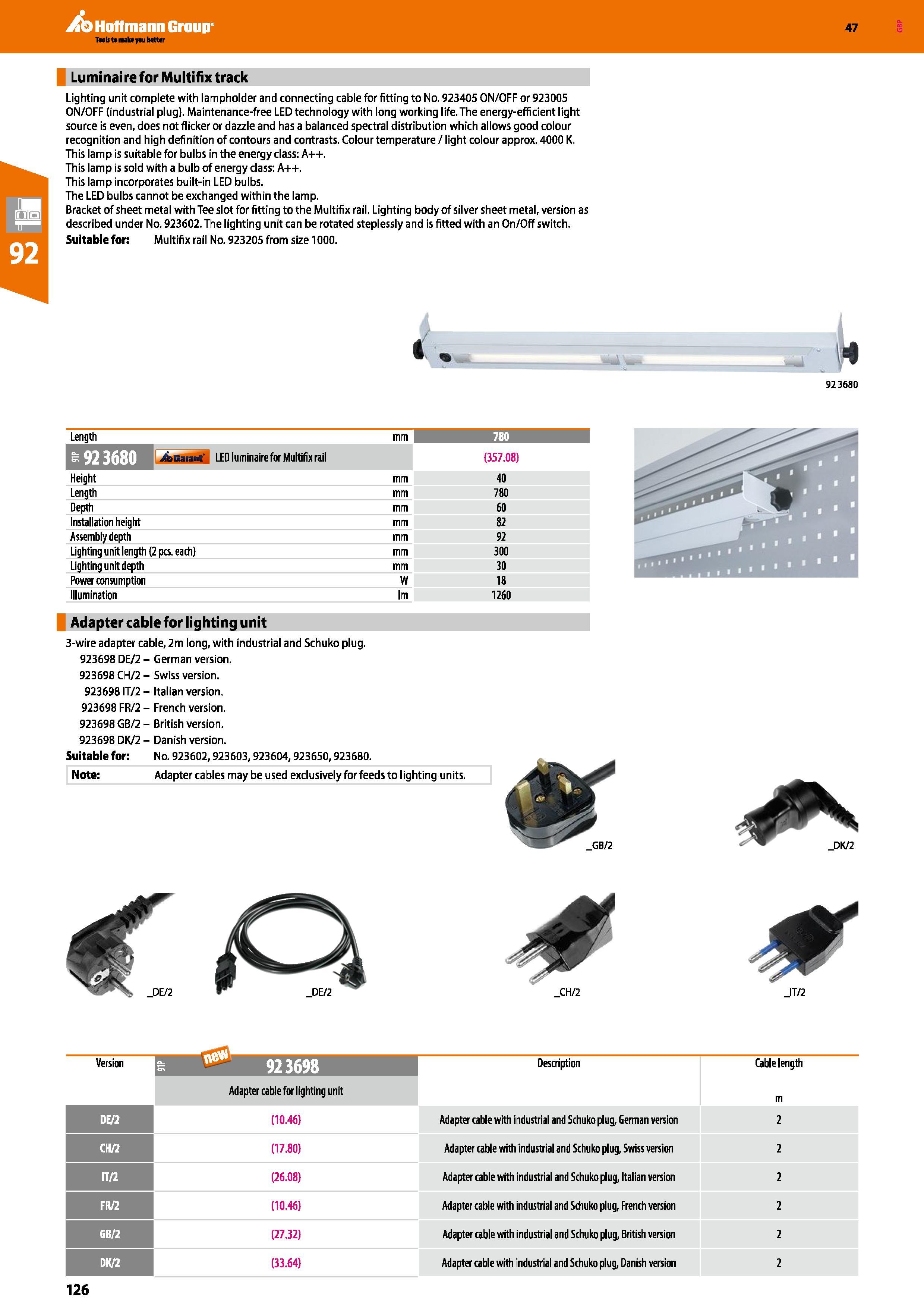 126 Hoffmann Group 47 Luminaire for Multifix track Lighting unit complete with lampholder and connecting cable for fitting to No 923405 ON/OFF or 923 Каталог HOFFMANN GROUP 2016 Производственная мебель для работы хранения и транспортировки в условиях промышленных предприятий и сервисных мастерских Вер. 47 ENG Стр. 126