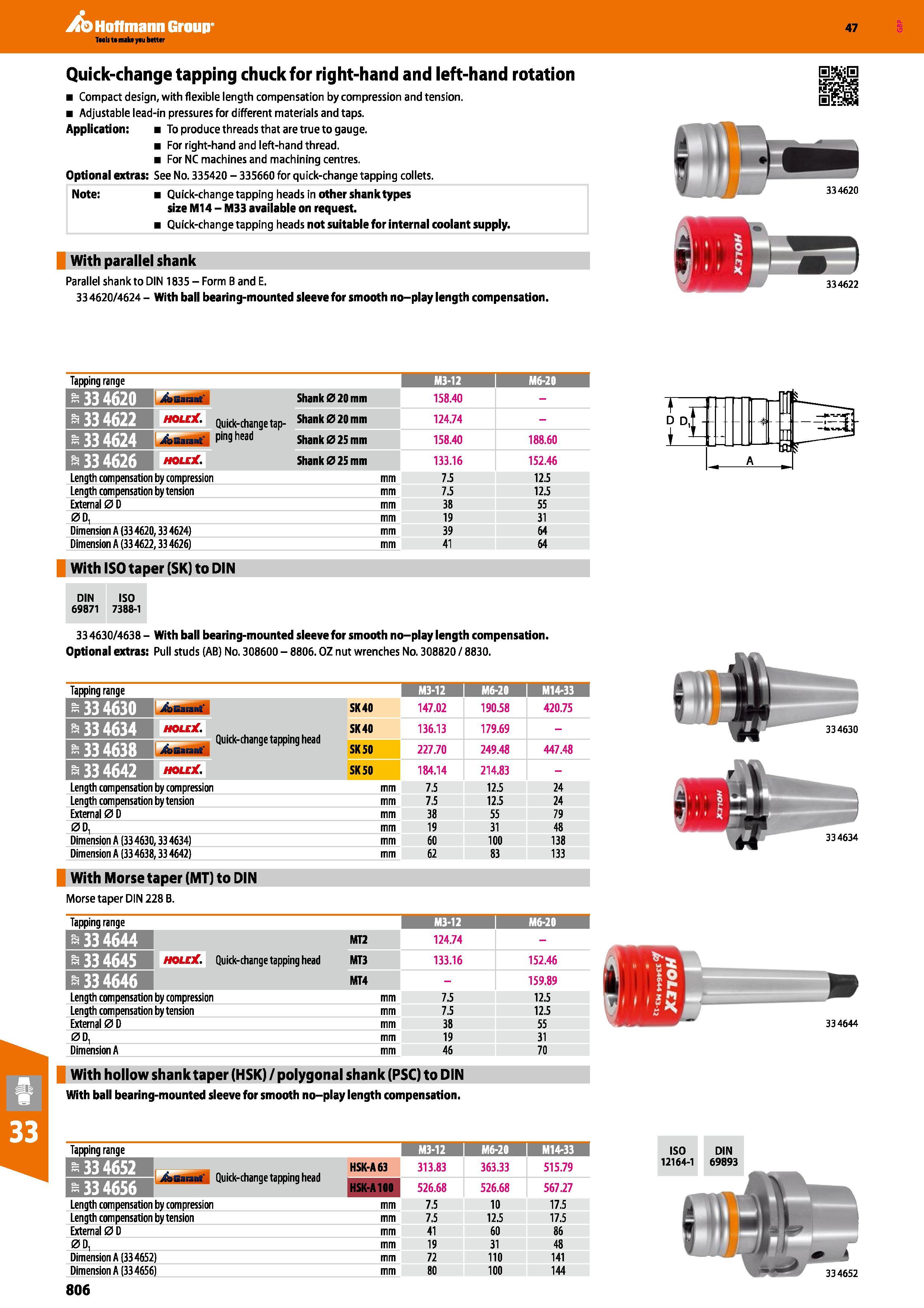 806 Hoffmann Group 47 Quick-change tapping chuck for right-hand and left-hand rotation Compact design, with flexible length compensation by compressi Каталог HOFFMANN GROUP 2016 Станочный режущий и вспомогательный инструмент для металлорежущих универсальных станков центров и комплексов с ЧПУ Версия 47 Стр. 806