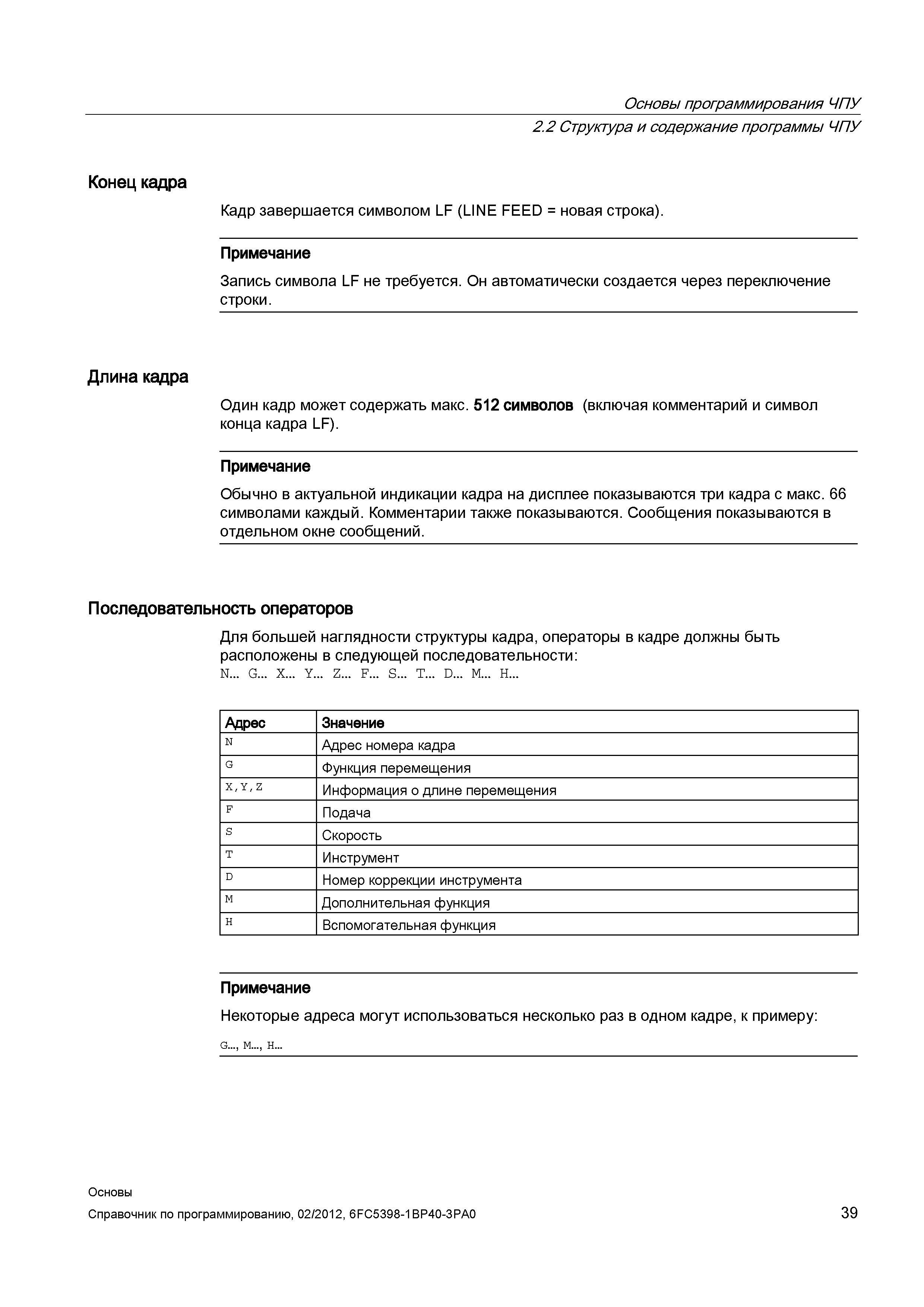 39 Структура и содержание программы ЧПУ Конец кадра Кадр завершается символом LF (LINE FEED новая строка) Примечание Запись символа LF не требу Справочник SIEMENS 2012 Пользователя Основы программирования стоек ЧПУ Sinumerik 840D sl 828D Металлообрабатывающее оборудование Стр. 39