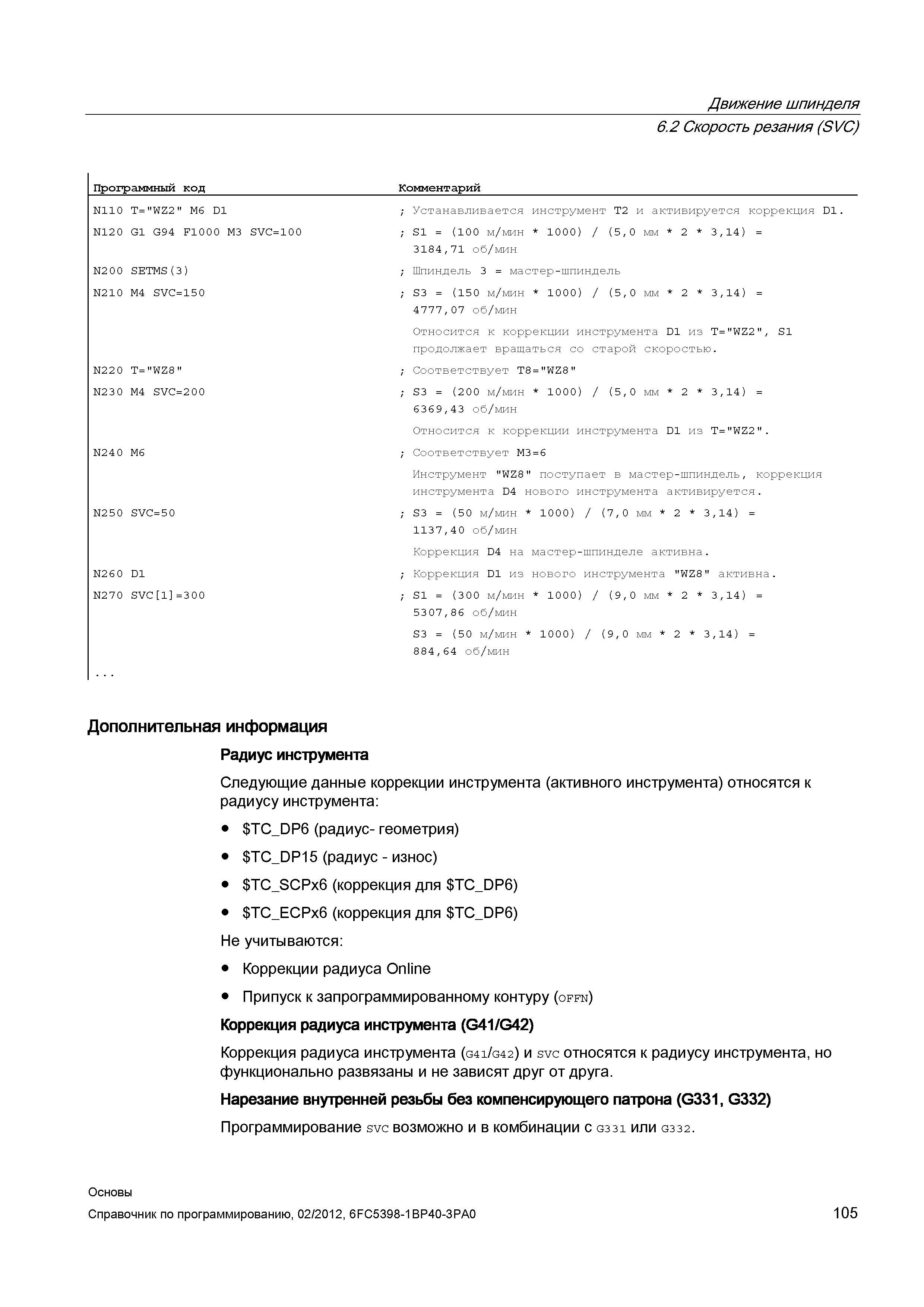 105 Устанавливается инструмент T2 и активируется коррекция D1 S1 (1ОО м/мин 1000) (50 мм 2 314) 318471 об/мин Шпиндель 3 мастер-шпиндель S3 (15О Справочник SIEMENS 2012 Пользователя Основы программирования стоек ЧПУ Sinumerik 840D sl 828D Металлообрабатывающее оборудование Стр. 105