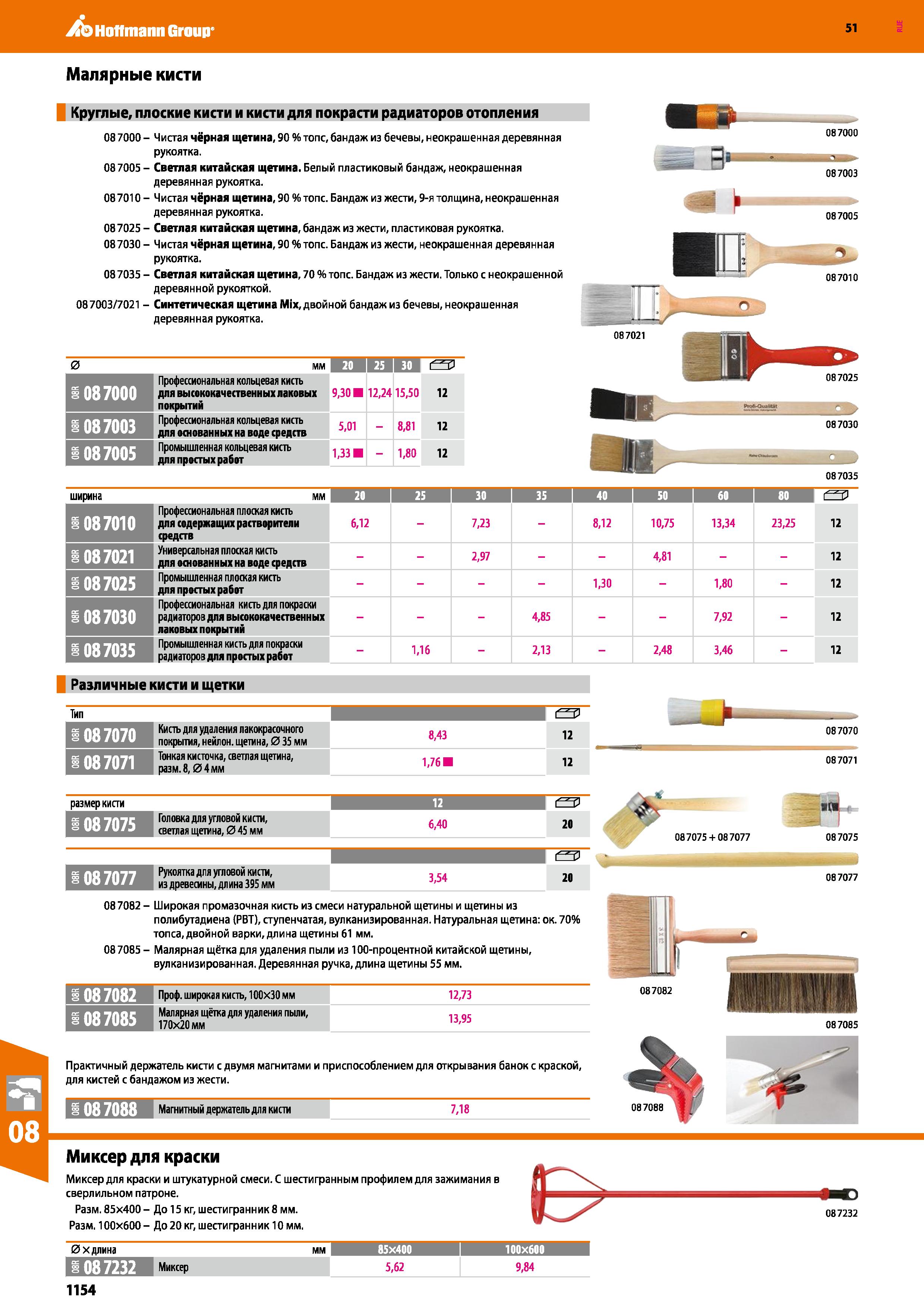 1154 Hoffmann Group 51 Малярные кисти Круглые, плоские кисти и кисти для покрасти радиаторов отопления 08 7000 - Чистая чёрная щетина, 90 % топе, банд Каталог HOFFMANN GROUP 2020 Измерительный и ручной инструмент Инвентарь Абразивы Шлифовальные и отрезные круги Электроинструмент Пневмоинструмент Штангенциркули Стр. 1154