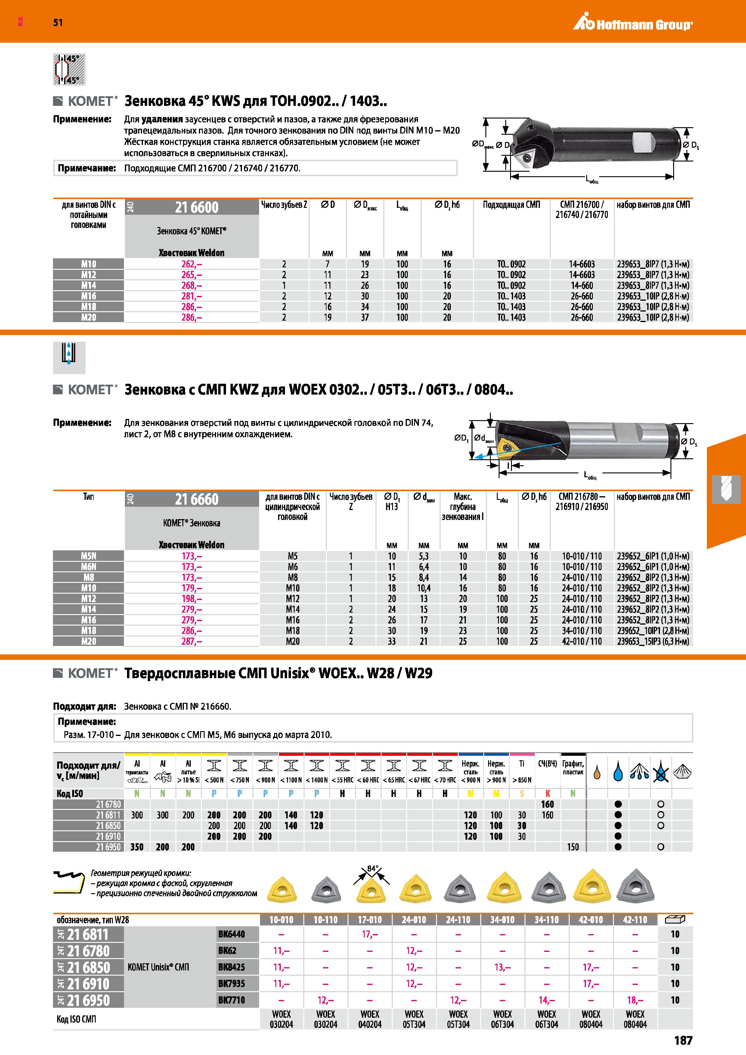187 Hoffmann Group 51 В КОМЕТ' Зенковка 45° KWS для ТОН 0902 /1403 Применение Для удаления заусенцев с отверстий и пазов, а также для фрезерования тр Каталог HOFFMANN GROUP 2020 Режущий и вспомогательный инструмент для металлорежущих станков с ЧПУ и универсальных Сверла Фрезы Метчики Резцы Развертки Оснастка инструментальная Стр. 187