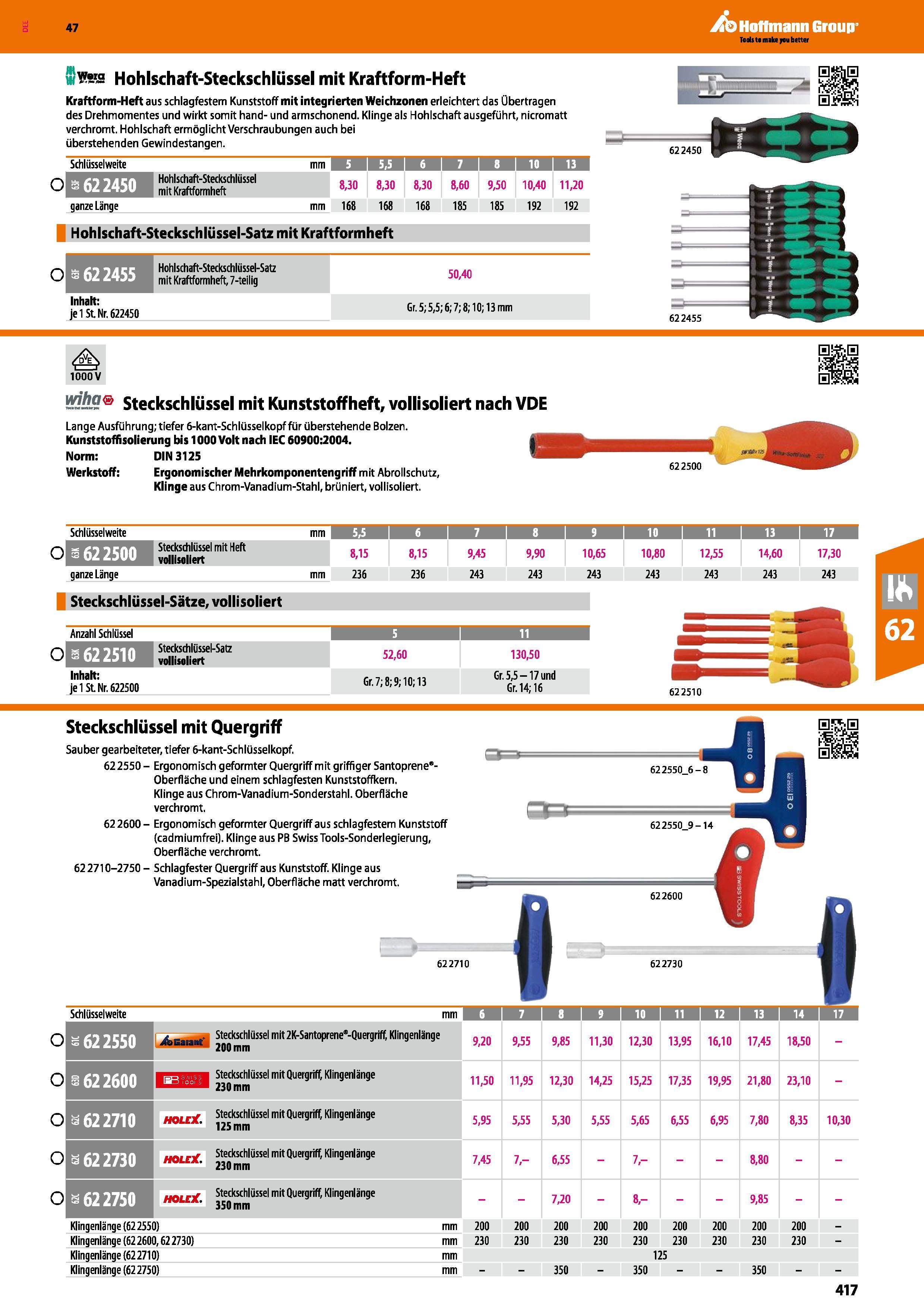 417 Hohlschaft-Steckschlüssel mit Kraftform-Heft Kraftform-Heft aus schlagfestem Kunststoff mit integrierten Weichzonen erleichtert das Übertragen de Каталог HOFFMANN GROUP 2016 Ручной слесарно-монтажный и контрольно-измерительный инструмент и приборы для предприятий машиностроения и мастерских сервисного обслуживания 47 версия издания Стр. 417 DEU