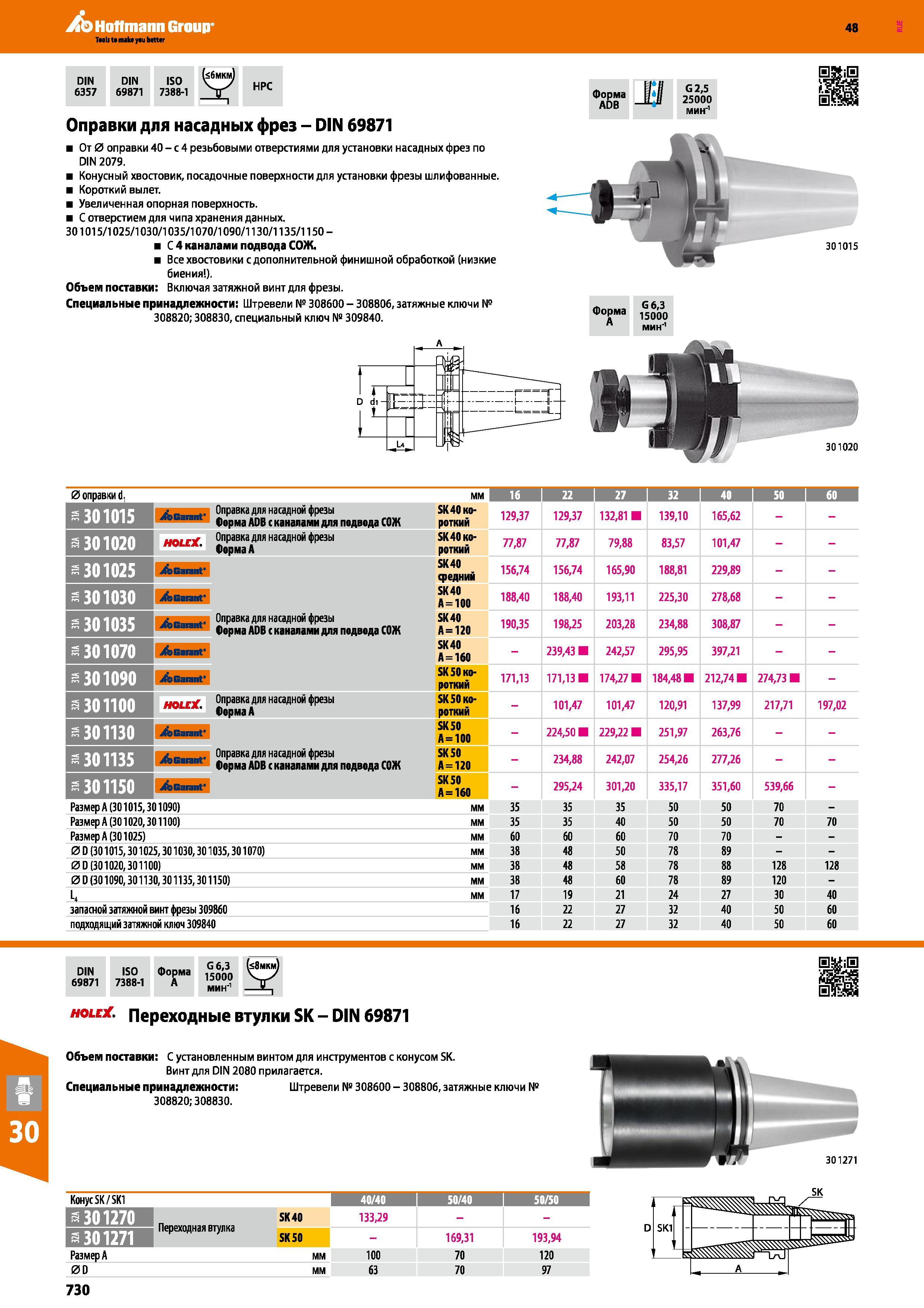 730 Hoffmann Group 48 Оправки для насадных фрез - DIN 69871 От 0 оправки 40 - с 4 резьбовыми отверстиями для установки насадных фрез по DIN 2079 Конусный Каталог HOFFMANN GROUP 2017 Инструмент режущий и вспомогательный для металлорежущих промышленных станков Резцы токарные Концевые твердосплавные фрезы Зажимные патроны Стр. 730