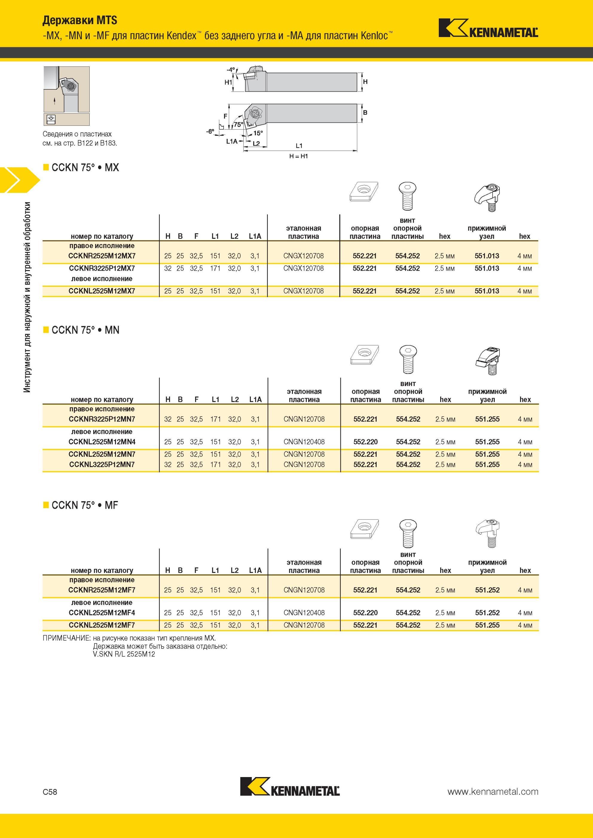 300 Державки Kennametal MTS -MX, -MN и -MF для пластин Kendex без заднего угла и -MA для пластин Kenloc Инструмент для наружной и внутренней обработки -6- Мастер-каталог KENNAMETAL 2013 Металлорежущий инструмент Точение Обработка отверстий Фрезерование Стр. C58