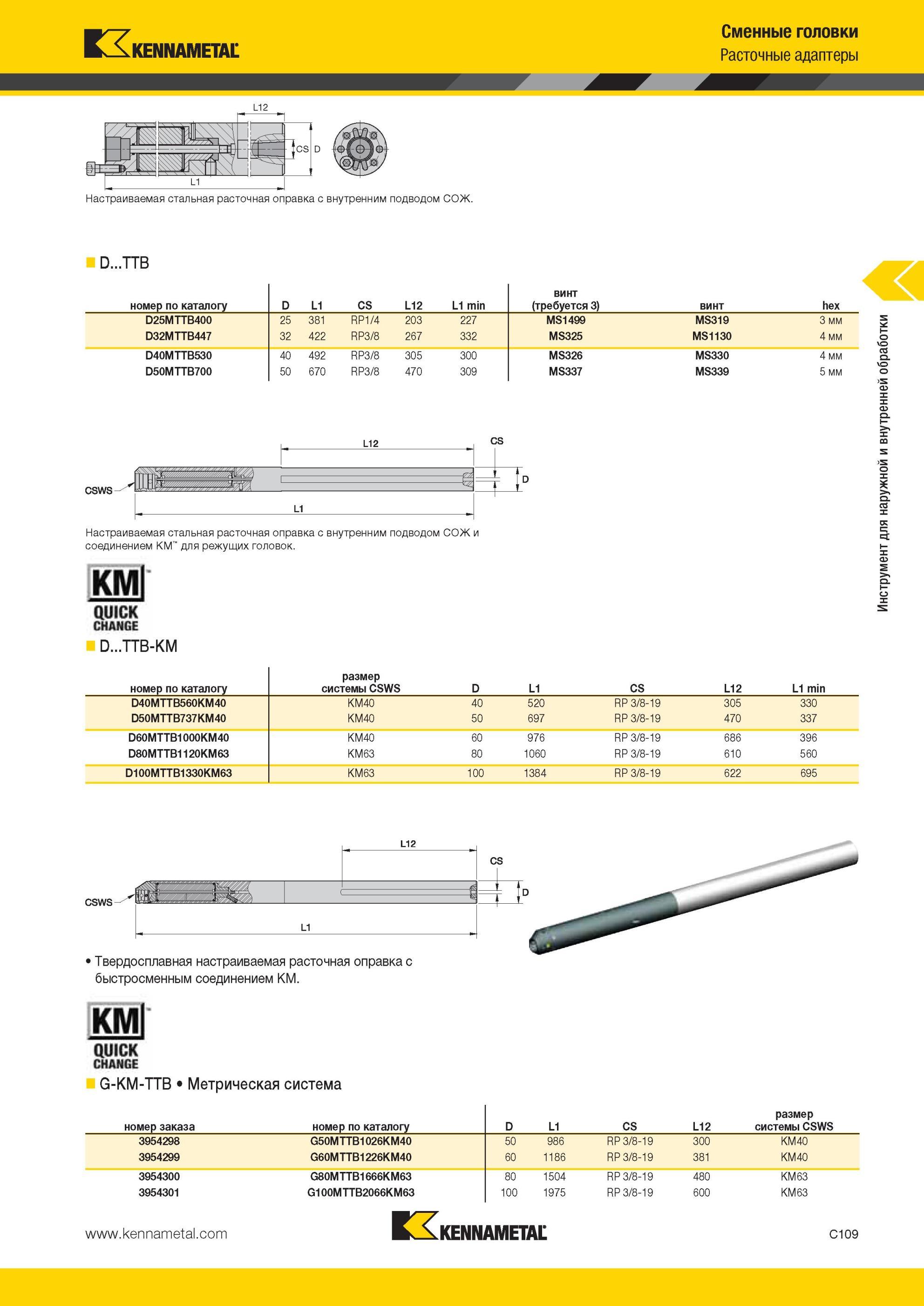 351 Расточные адаптеры Kennametal Настраиваемая стальная расточная оправка с внутренним подводом СОЖ D TTB Сменные головки номер по каталогу D L1 CS L12 L Мастер-каталог KENNAMETAL 2013 Металлорежущий инструмент Точение Обработка отверстий Фрезерование Стр. C109