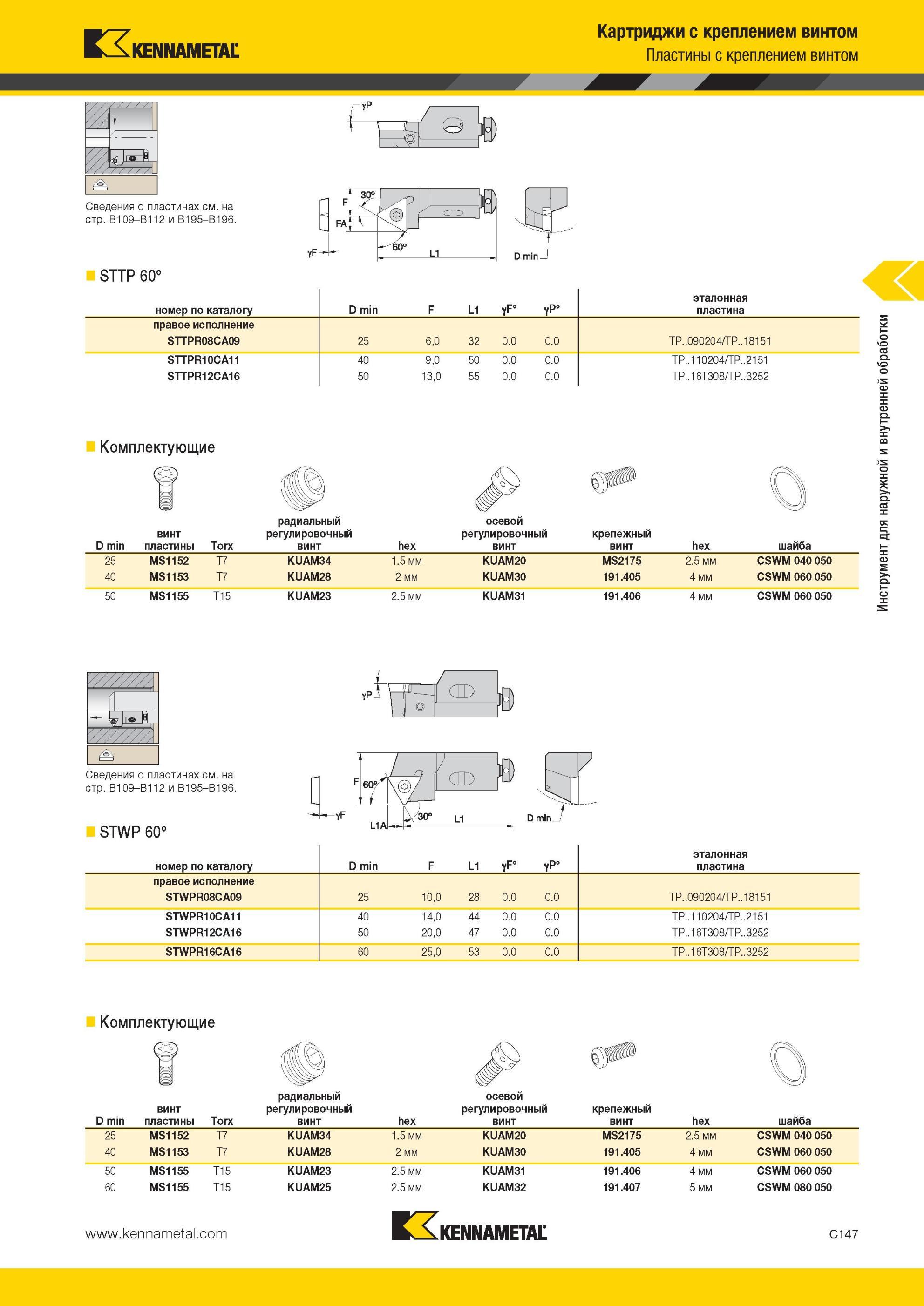 389 Картриджи Kennametal с креплением винтом Пластины с креплением винтом STTP 60° D min номер по каталогу D min F L1 эталонная пластина правое исполнение Мастер-каталог KENNAMETAL 2013 Металлорежущий инструмент Точение Обработка отверстий Фрезерование Стр. C147