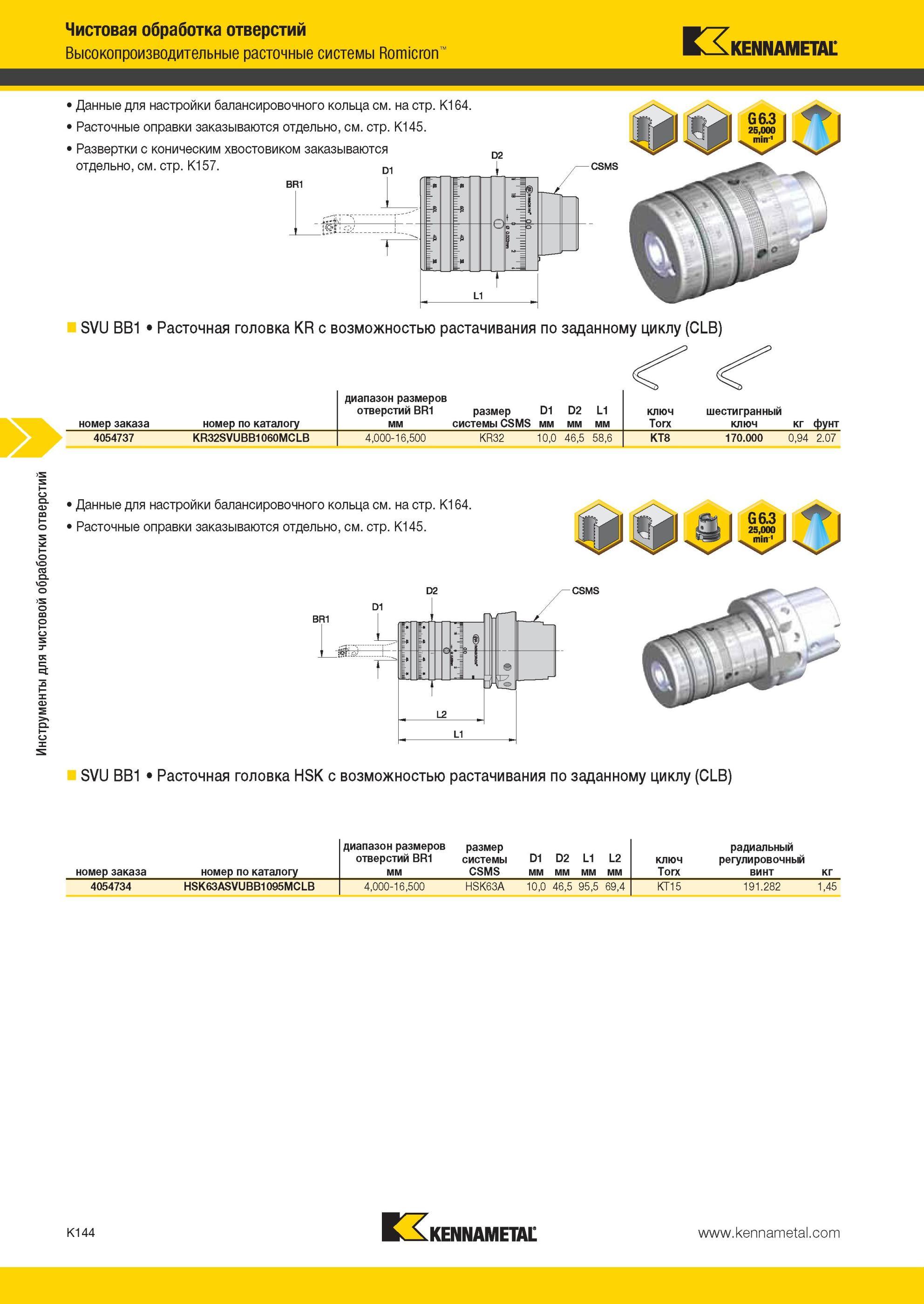 1192 Инструменты Kennametal для чистовой обработки отверстий Высокопроизводительные расточные системы Romicron 1 Данные для настройки балансировочного коль Мастер-каталог KENNAMETAL 2013 Металлорежущий инструмент Точение Обработка отверстий Фрезерование Стр. K144