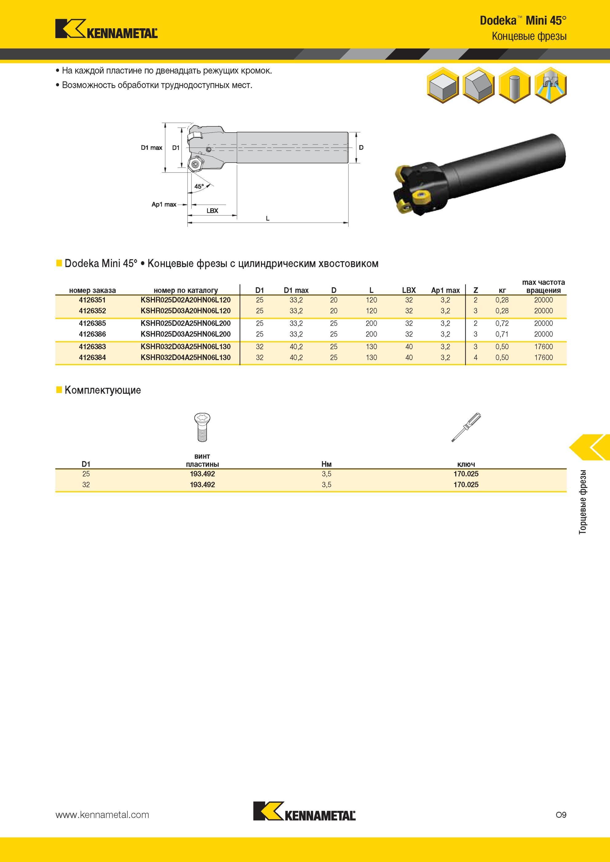 1545 Возможность обработки труднодоступных мест Kennametal Dodeka Mini 45° Концевые На каждой пластине по двенадцать режущих кромок Dodeka Mini 45° Концевы Мастер-каталог KENNAMETAL 2013 Металлорежущий инструмент Точение Обработка отверстий Фрезерование Стр. O9