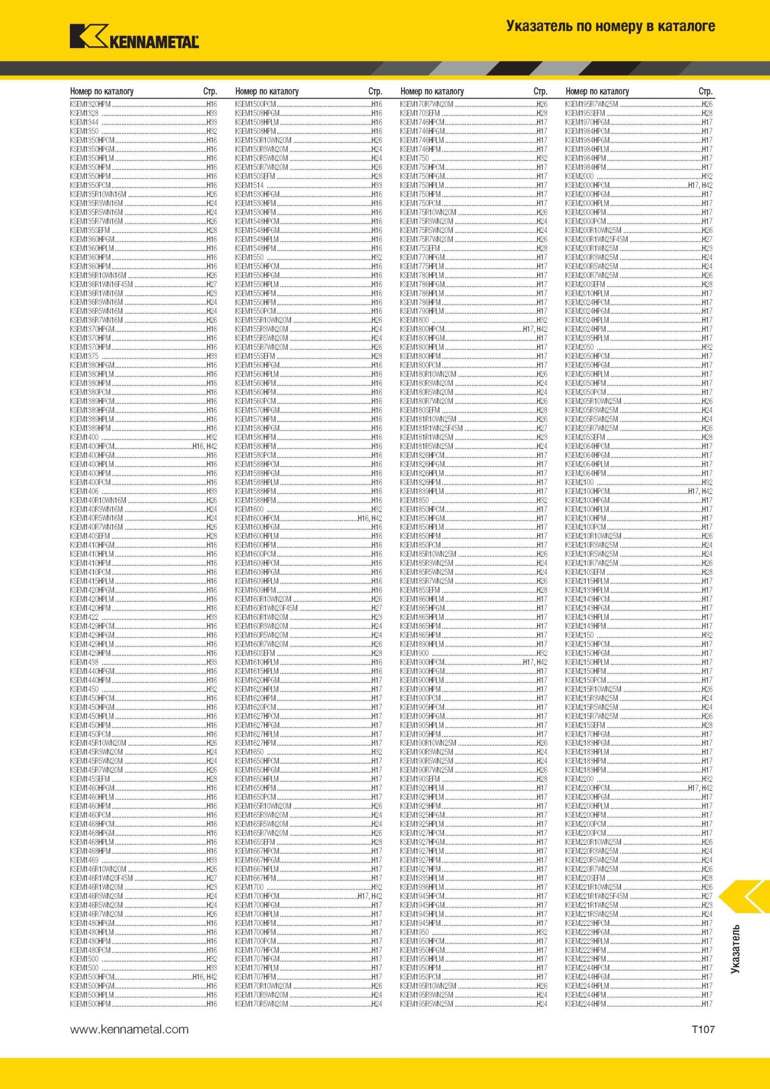 2085 Режущий инструмент Kennametal Указатель по номеру в каталоге Номер по каталогу Стр KSEM1320HPM H16 KSEM1500PCM H16 I К H26 KSEM195R7WK25M H26 KSEM1328 Мастер-каталог KENNAMETAL 2013 Металлорежущий инструмент Точение Обработка отверстий Фрезерование Стр. T107