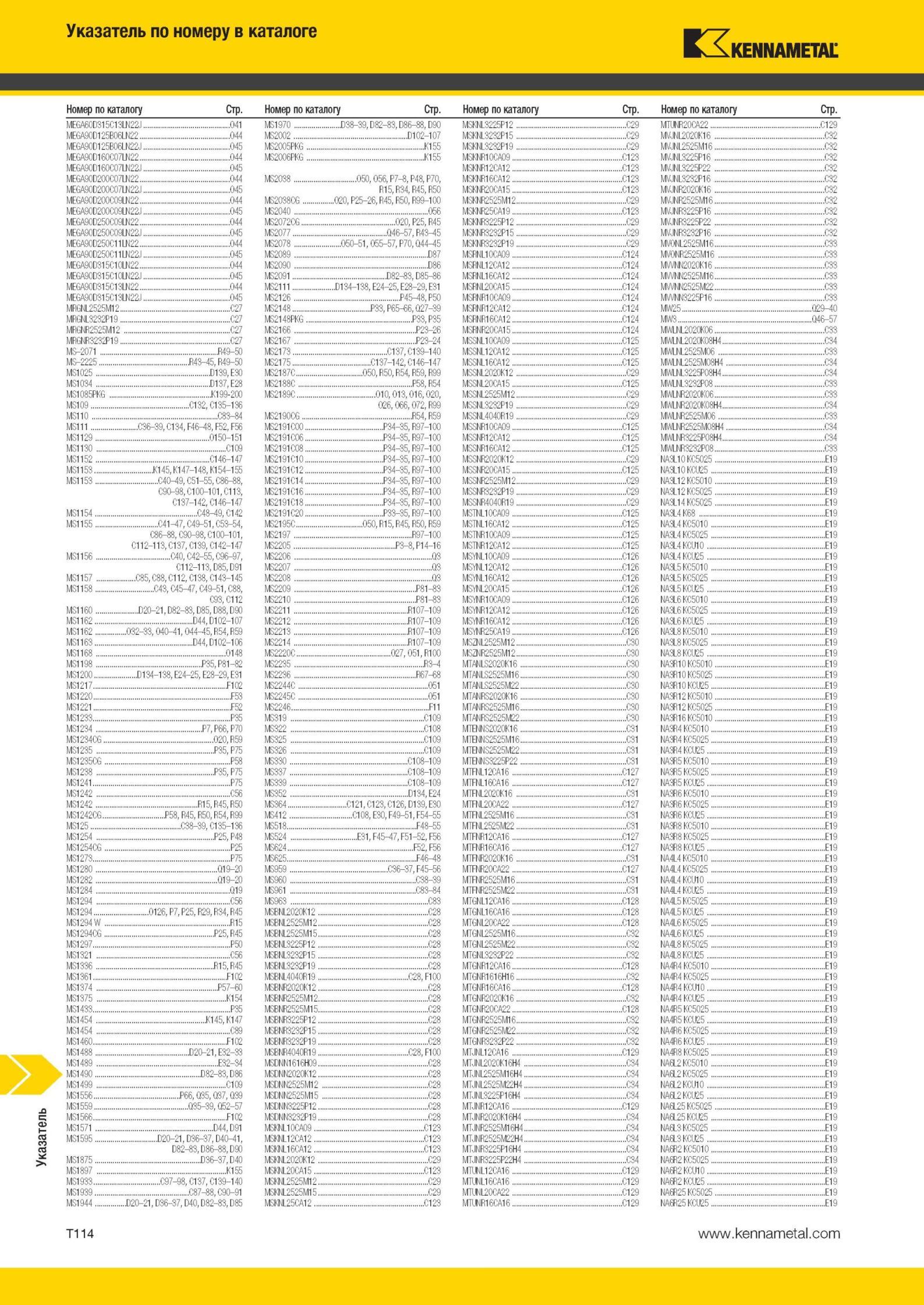 2092 Режущий инструмент Kennametal Указатель по номеру в каталоге Номер по каталогу Стр Ml' 6 1 '1 N j 041 MS1970 D38-39, D92-93, D D90 M N 22 I12 C29 MTUN Мастер-каталог KENNAMETAL 2013 Металлорежущий инструмент Точение Обработка отверстий Фрезерование Стр. T114