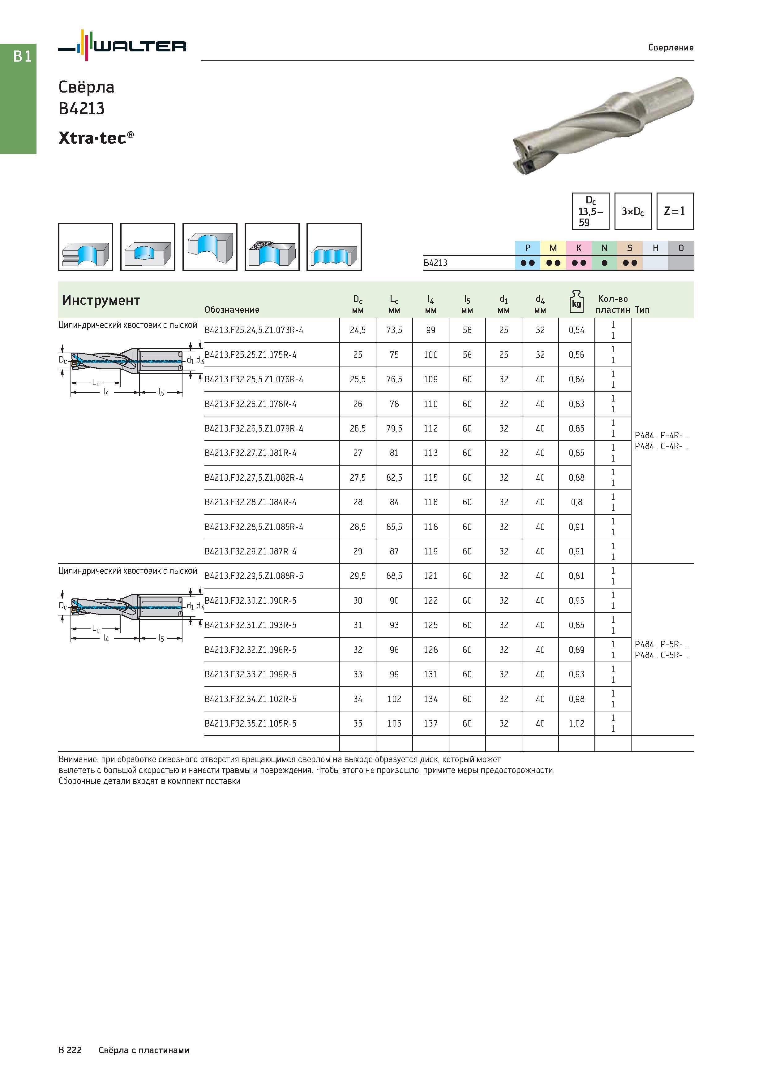 736 Walter Сверление Свёрла B4213 Xtratec cT0 Dc 13,559 3xDc Z = 1 P M K N S H O Группы обрабатываемых материалов по ISO B4213 Инструмент Обозначение ‘-'c мм Каталог WALTER 2017 Инструмент металлорежущий и вспомогательный для металлообрабатывающих станков Сменные пластины Резцы Державки Расточные оправки Сверла Фрезы Патроны Стр. B222