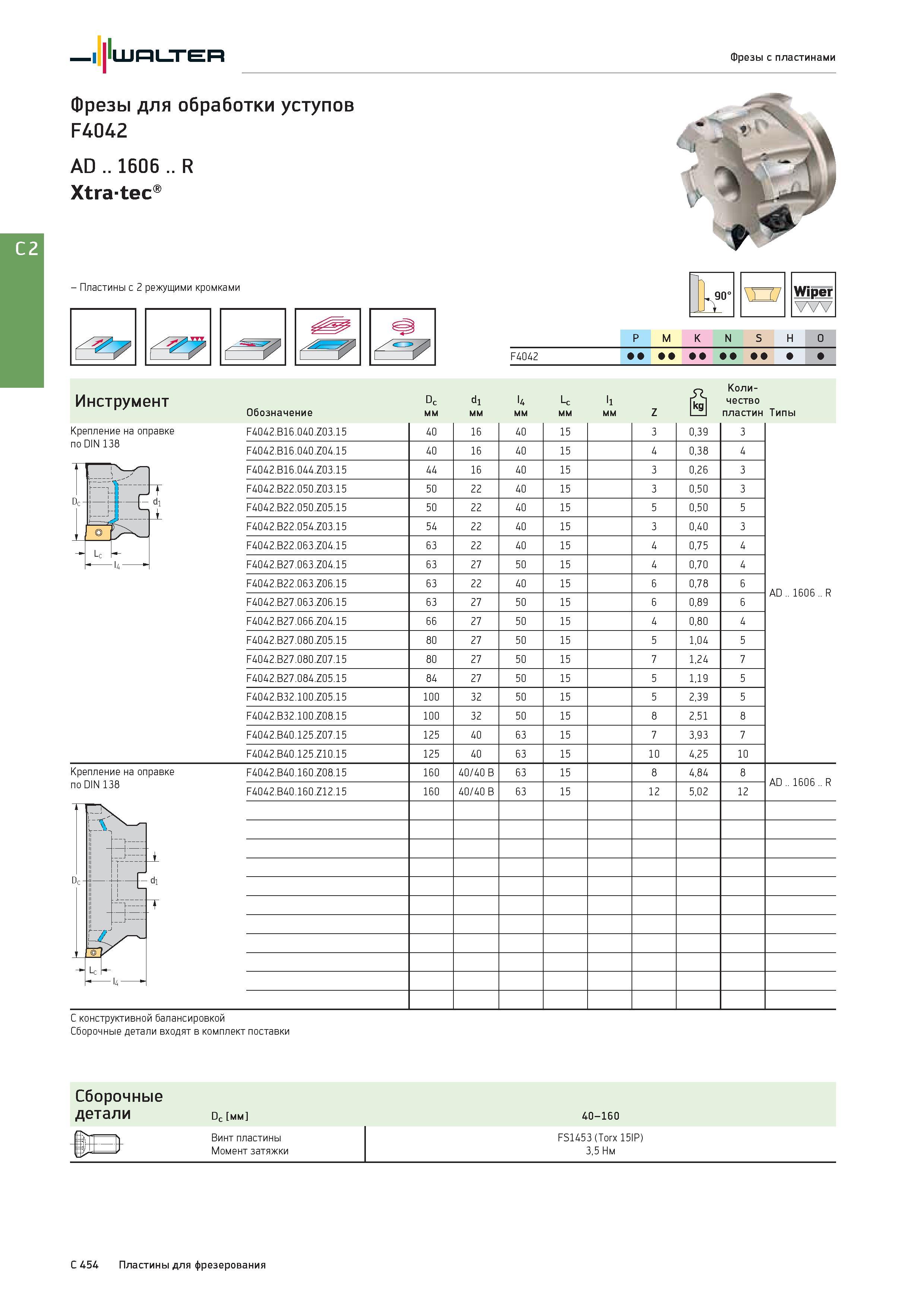 2166 Walter Фрезы с пластинами Фрезы для обработки уступов F4042 AD 1606 R Xtratec Пластины с 2 режущими кромками Wiper P M K N S H O Группы обрабатываемых ма Каталог WALTER 2017 Инструмент металлорежущий и вспомогательный для металлообрабатывающих станков Сменные пластины Резцы Державки Расточные оправки Сверла Фрезы Патроны Стр. C454