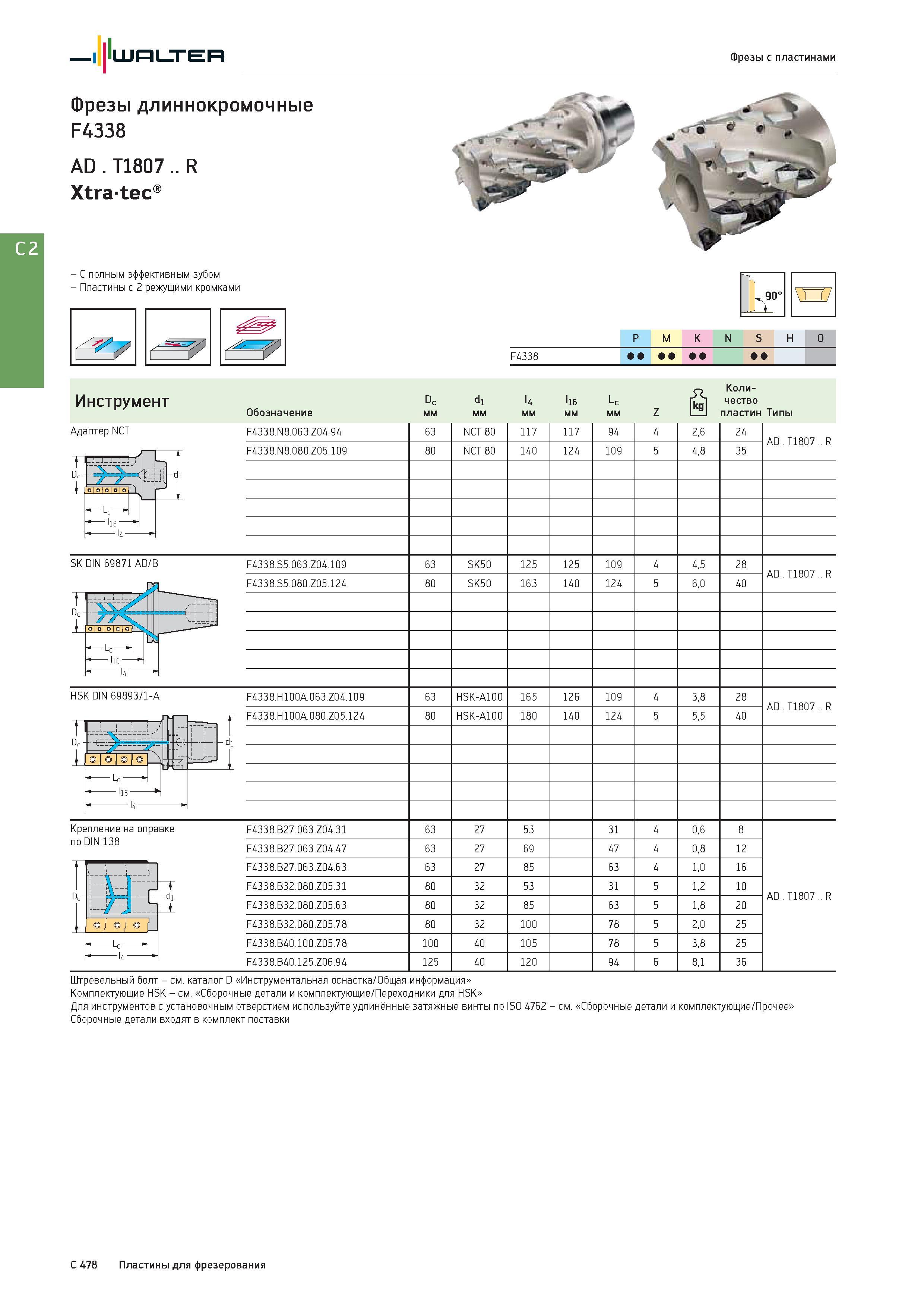 2190 Фрезы Walter длиннокромочные F4338 Xtratec с полным эффективным зубом Пластины с 2 режущими кромками Адаптер NCT 90° Каталог WALTER 2017 Инструмент металлорежущий и вспомогательный для металлообрабатывающих станков Сменные пластины Резцы Державки Расточные оправки Сверла Фрезы Патроны Стр. C478