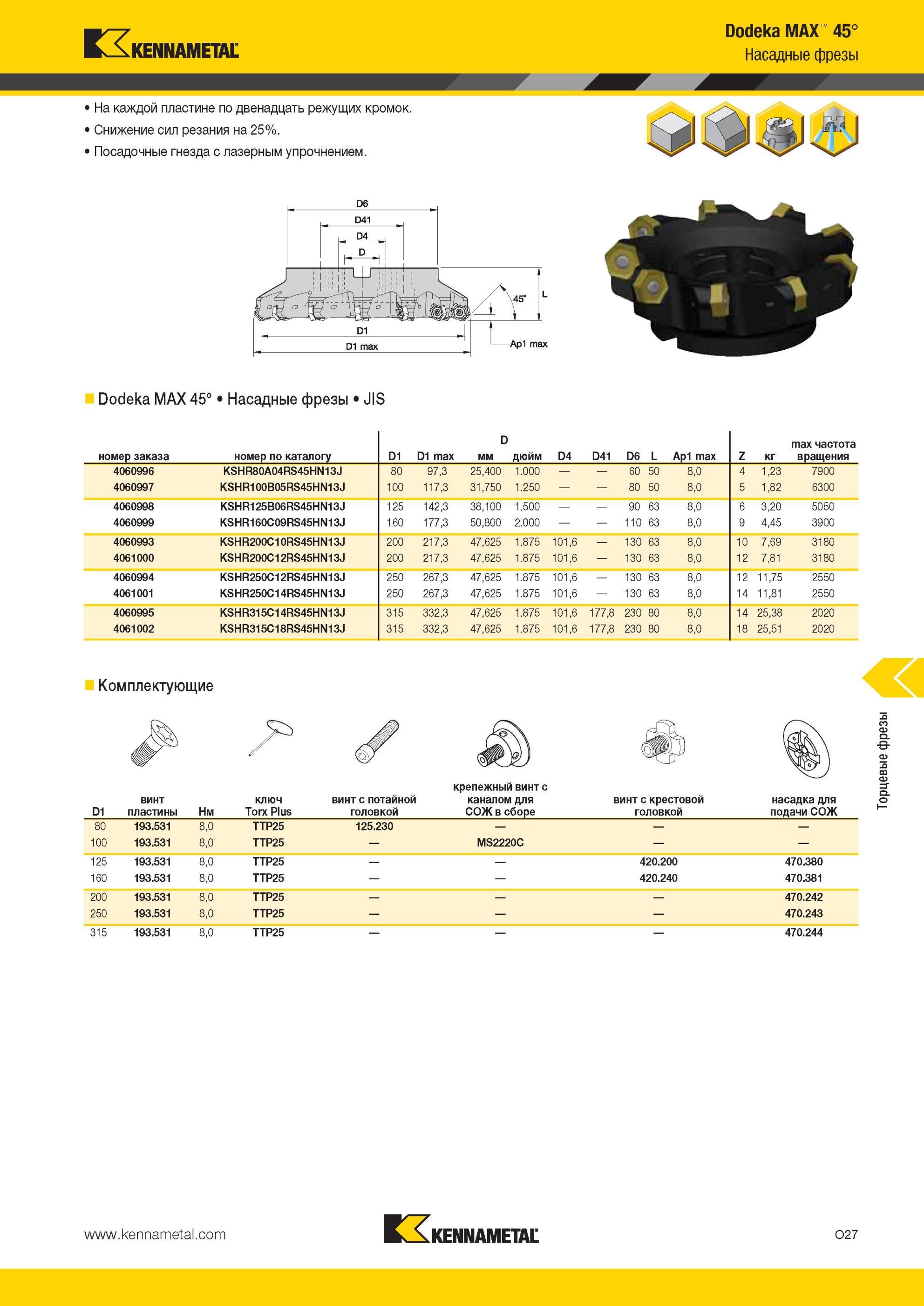 1563 На каждой пластине Kennametal по двенадцать режущих кромок Снижение сил резания на 25% Посадочные гнезда с лазерным упрочнением Dodeka MAX 45° Насадны Мастер-каталог KENNAMETAL 2013 Металлорежущий инструмент Точение Обработка отверстий Фрезерование Стр. O27