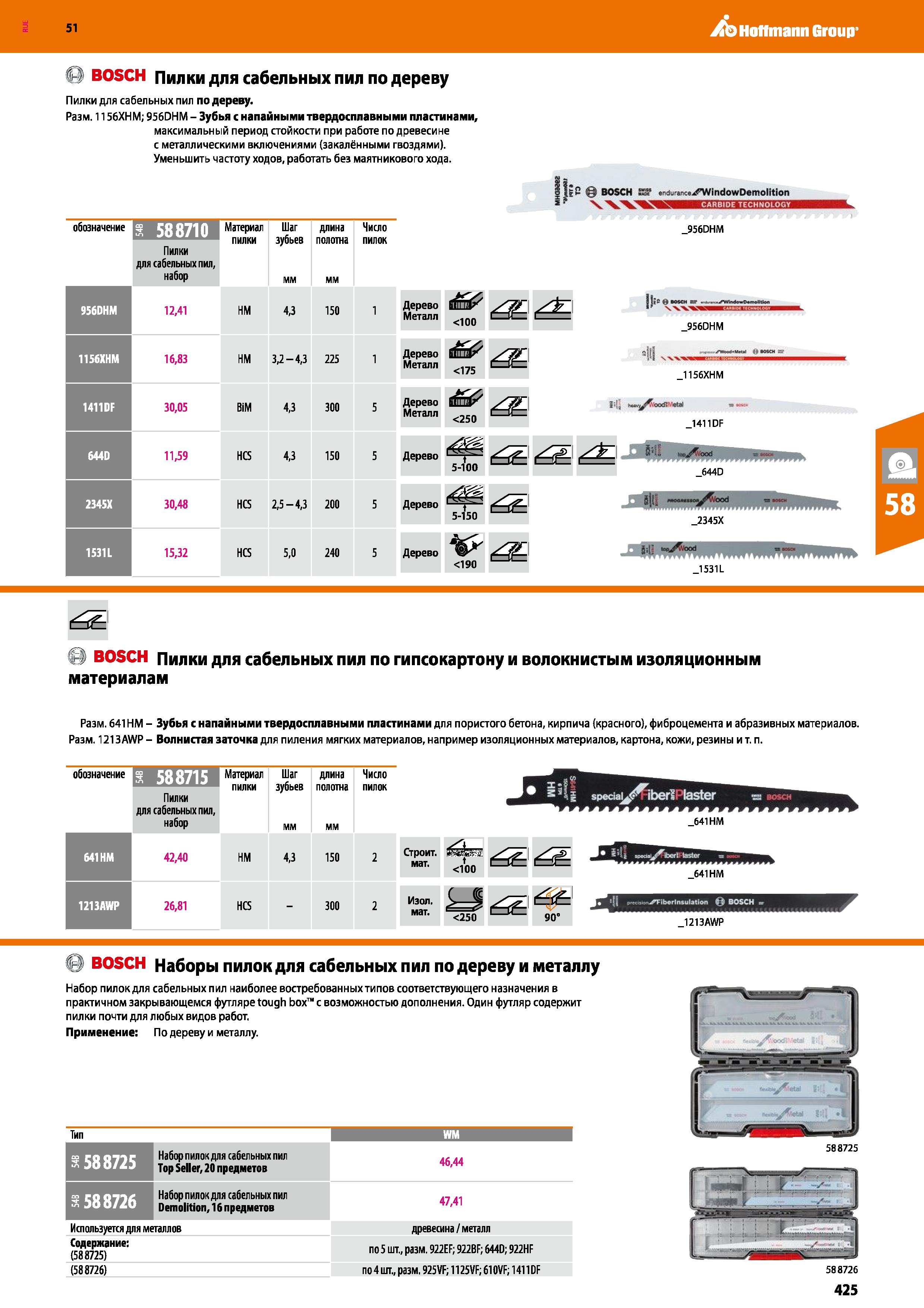 425 Hoffmann Group 51 Q BOSCH Пилки для сабельных пил по дереву Пилки для сабельных пил по дереву Разм 1156ХНМ; 956DHM - Зубья с напайными твердоспла Каталог HOFFMANN GROUP 2020 Измерительный и ручной инструмент Инвентарь Абразивы Шлифовальные и отрезные круги Электроинструмент Пневмоинструмент Штангенциркули Стр. 425