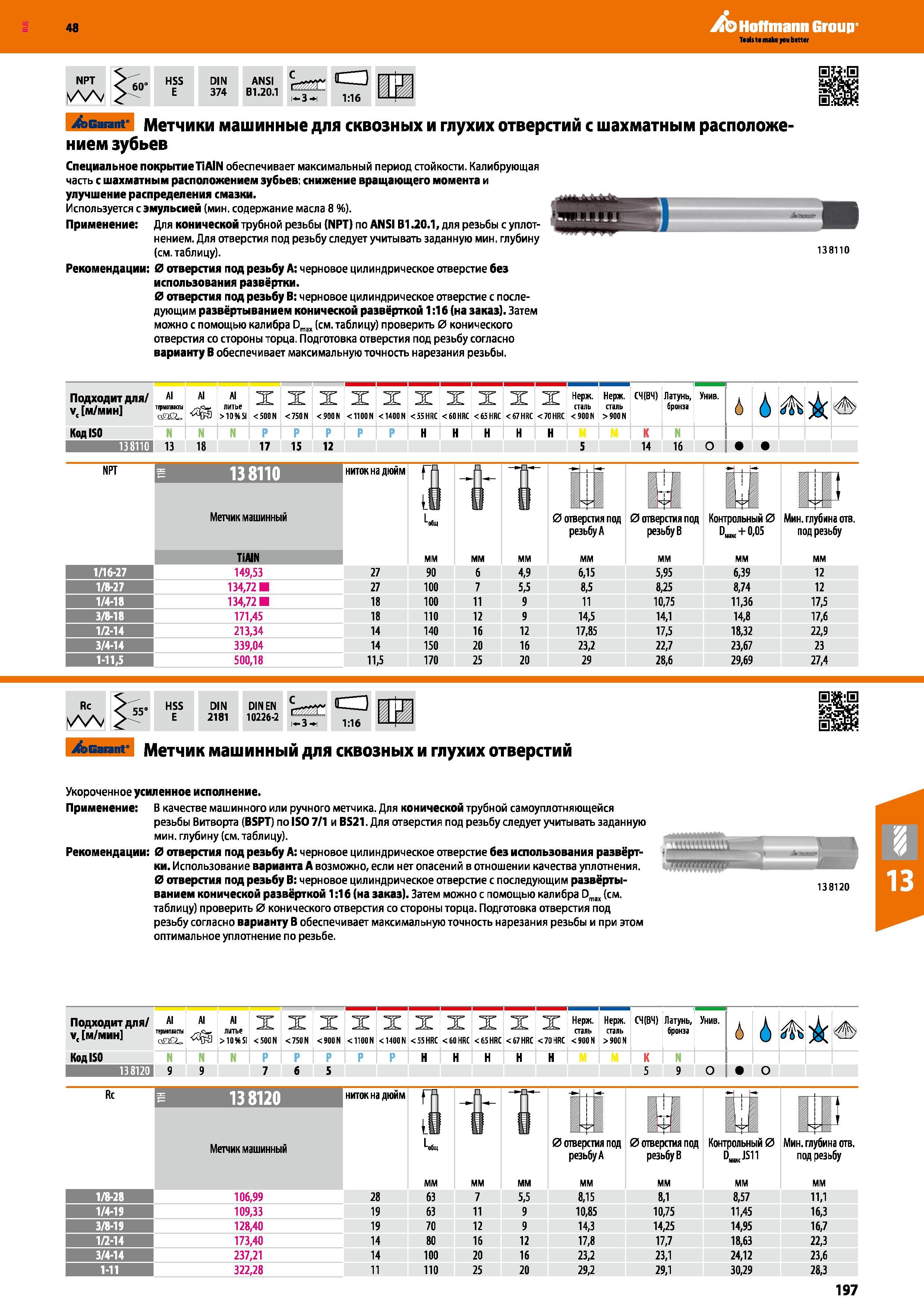 197 Метчики машинные от Hoffmann Group для сквозных и глухих отверстий с шахматным расположением зубьев Специальное покрытие TiAIN обеспечивает максимальн Каталог HOFFMANN GROUP 2017 Инструмент режущий и вспомогательный для металлорежущих промышленных станков Резцы токарные Концевые твердосплавные фрезы Зажимные патроны Стр. 197