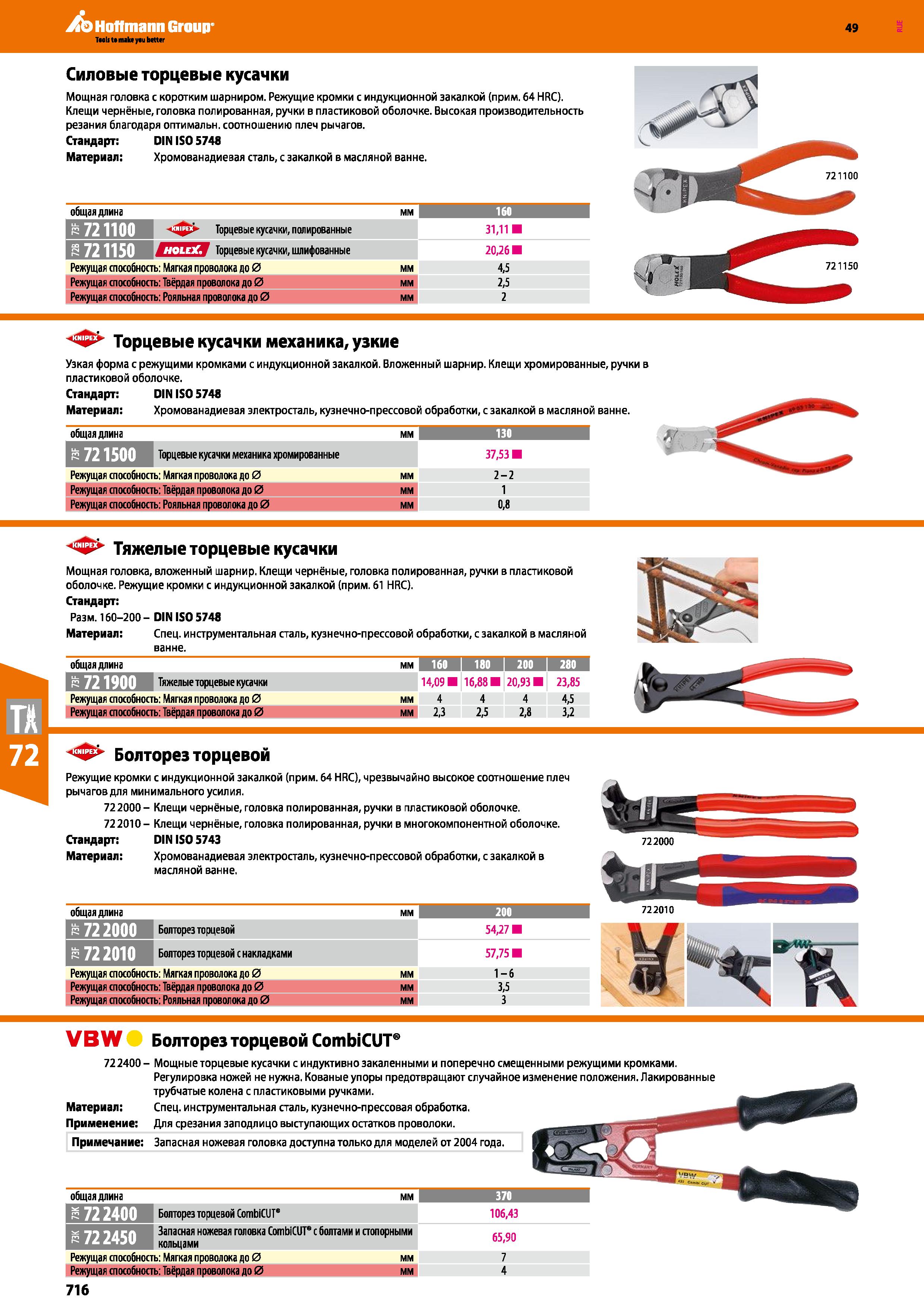 716 Силовые торцевые кусачки Мощная головка с коротким шарниром Режущие кромки с индукционной закалкой (прим 64 HRC) Клещи чернёные, головка пол Каталог HOFFMANN GROUP 2018 Инструмент ручной Слесарный и механизированный Измерительные приборы и инструменты Производственный инвентарь Стр. 716