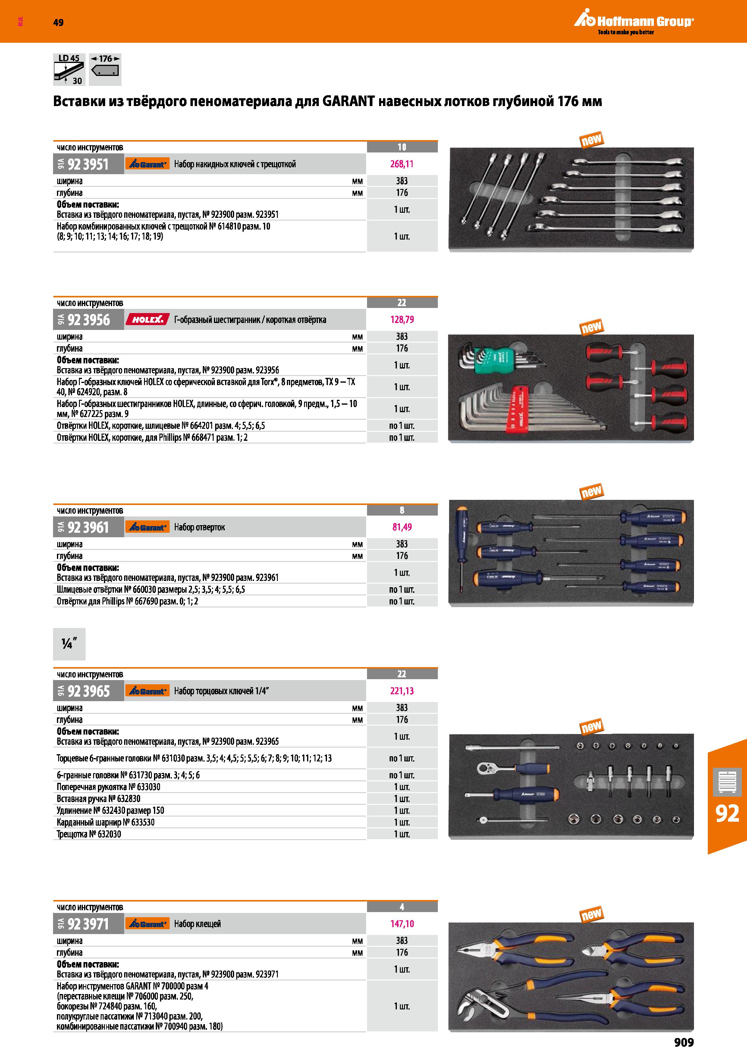 909 Вставки из твёрдого пеноматериала для GARANT навесных лотков глубиной 176 мм число инструментов Garant Набор накидных ключей с трещоткой шир Каталог HOFFMANN GROUP 2018 Инструмент ручной Слесарный и механизированный Измерительные приборы и инструменты Производственный инвентарь Стр. 909