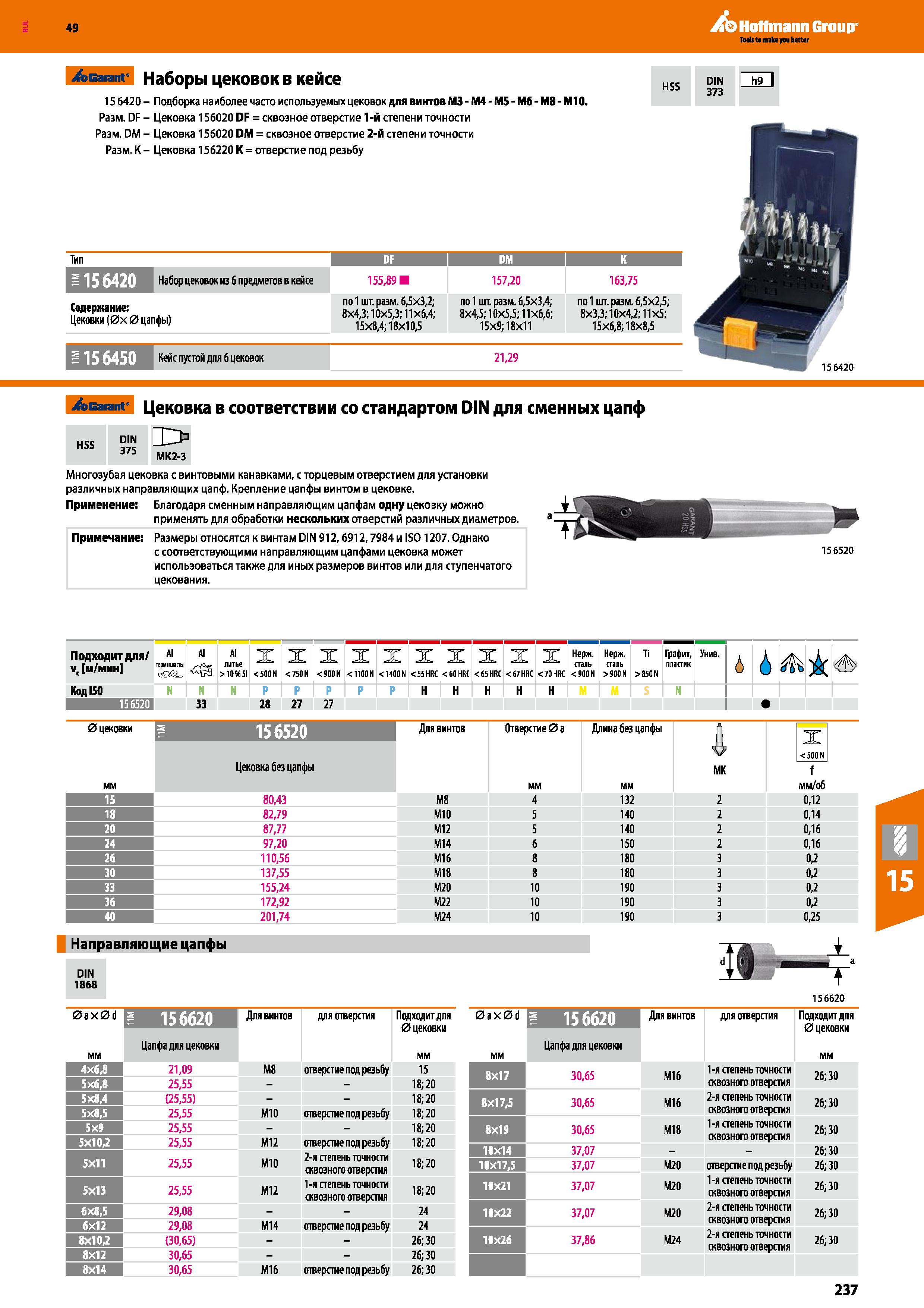 237 Hoffmann Group > Garant Наборы цековок в кейсе 15 6420 - Подборка наиболее часто используемых цековок для винтов М3 - М4 - М5 - Мб - Каталог HOFFMANN GROUP 2018 Профессиональный режущий и вспомогательный инструмент для промышленного оборудования Сверла Фрезы Метчики Державки Стр. 237