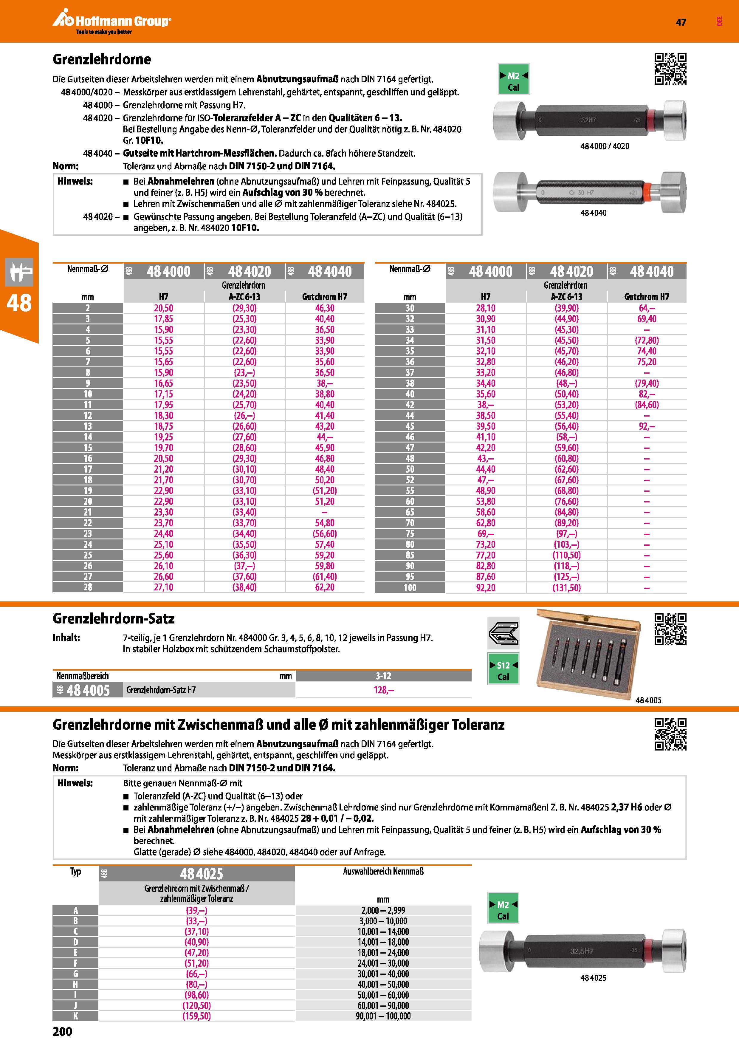 200 Grenzlehrdorne Die Gutseiten dieser Arbeitslehren werden mit einem Abnutzungsaufmaß nach DIN 7164 gefertigt 484000/4020 - Messkörper aus erstklas Каталог HOFFMANN GROUP 2016 Ручной слесарно-монтажный и контрольно-измерительный инструмент и приборы для предприятий машиностроения и мастерских сервисного обслуживания 47 версия издания Стр. 200 DEU