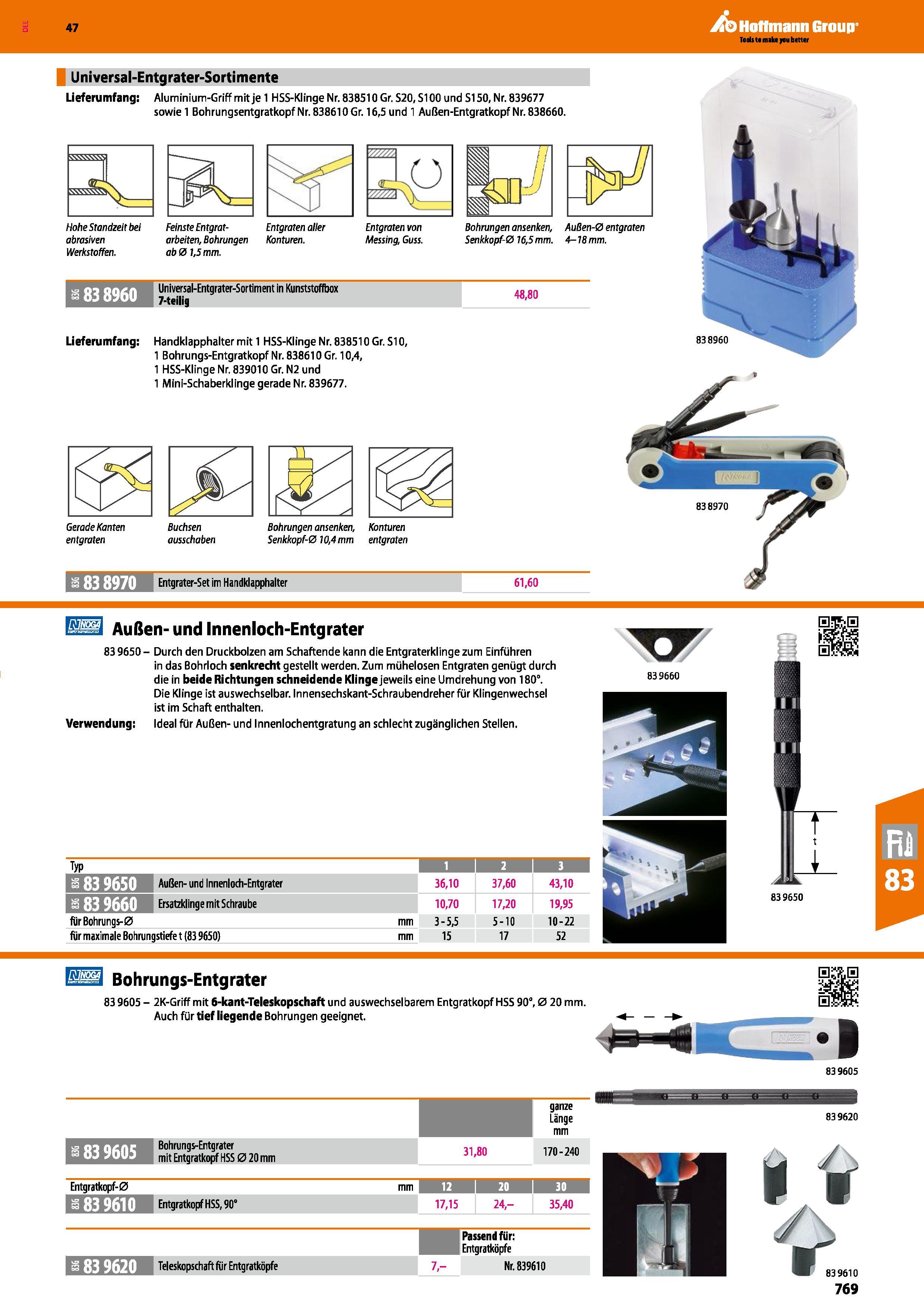 769 Universal-Entgrater-Sortiment in Kunststoflbox 7-teilig Lieferumfang Handklapphalter mit 1 HSS-Klinge Nr 838510 Gr S10, 1 Bohrungs-Entgratkopf Nr Каталог HOFFMANN GROUP 2016 Ручной слесарно-монтажный и контрольно-измерительный инструмент и приборы для предприятий машиностроения и мастерских сервисного обслуживания 47 версия издания Стр. 769 DEU