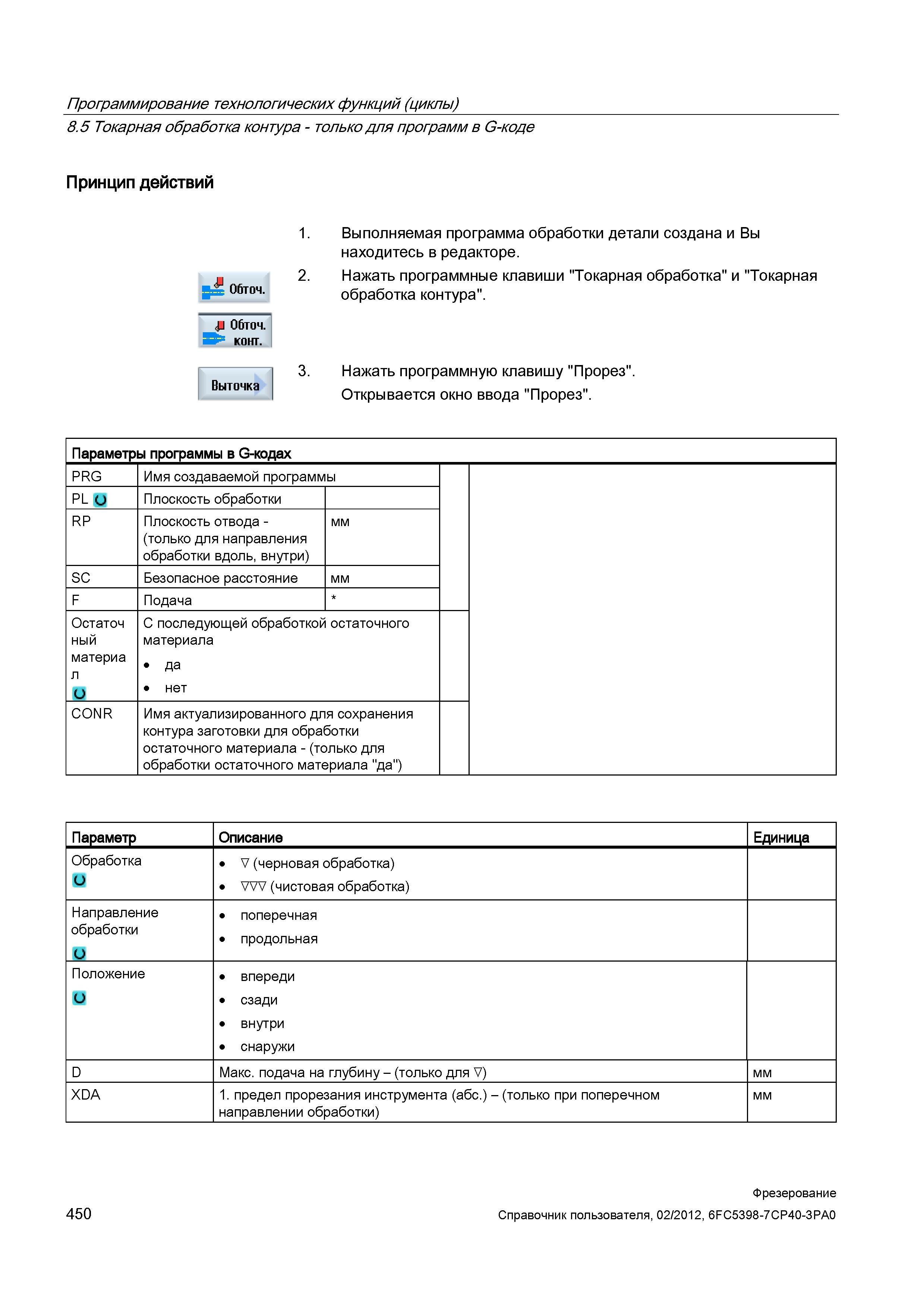 450 Плоскость отвода -(только для направления обработки вдоль, внутри) мм SC Безопасное расстояние мм F Подача Остаточ ный материа л и С последу Справочник пользователя SIEMENS 840D sl 828D SINUMERIK Фрезерная обработка Системы числового программного управления станками СЧПУ Версия 2012 Стр. 450
