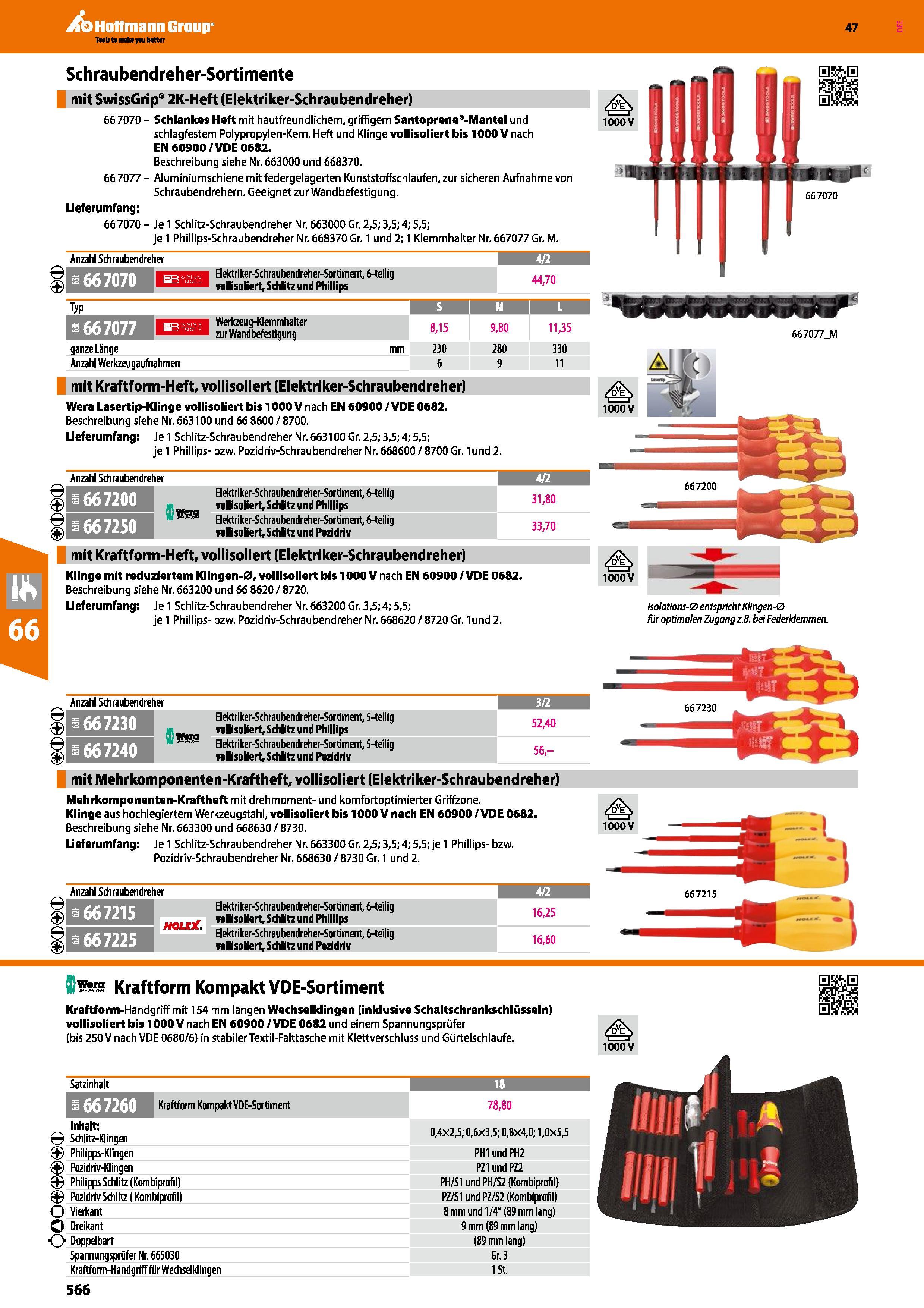 566 Schraubendreher-Sortimente mit SwissGrip 2K-Heft (Elektriker-Schraubendreher) 66 7070 - Schlankes Heft mit hautfreundlichem, griffigem Santoprene Каталог HOFFMANN GROUP 2016 Ручной слесарно-монтажный и контрольно-измерительный инструмент и приборы для предприятий машиностроения и мастерских сервисного обслуживания 47 версия издания Стр. 566 DEU