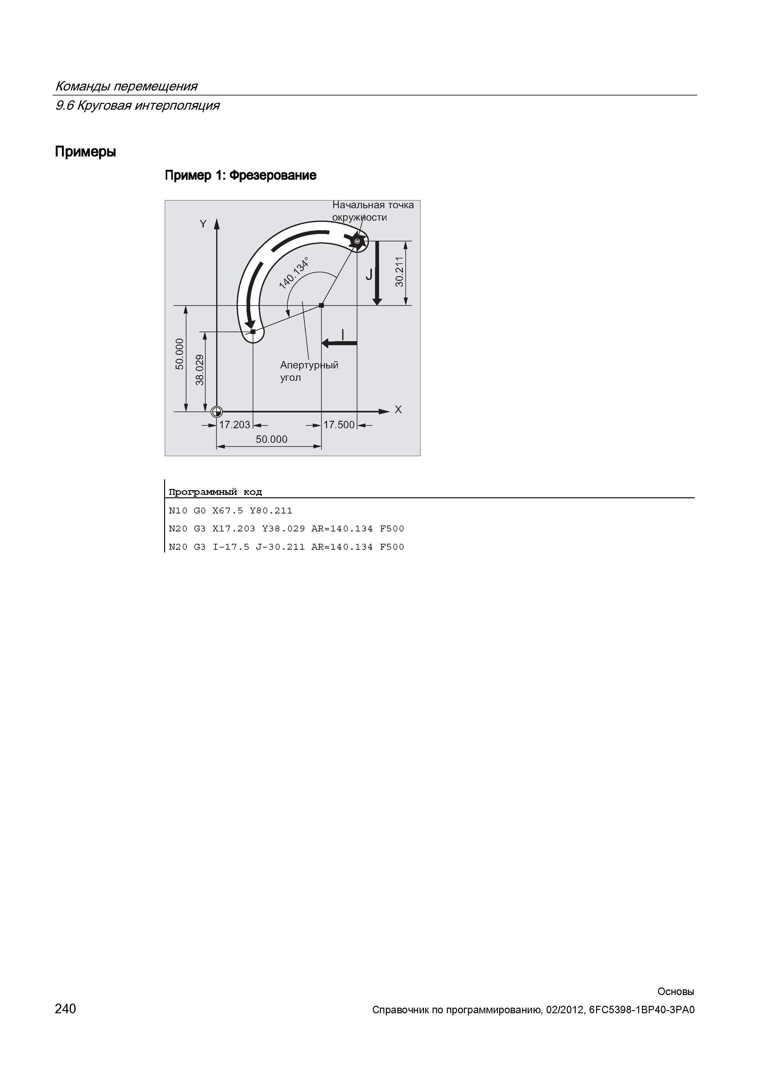 240 Команды перемещения Круговая интерполяция Пример 1 Фрезерование Программный код N10 G0 X67 5 Y80 211 N2 0 G3 X17 2 03 Y38 029 AR14 0 134 F5 Справочник SIEMENS 2012 Пользователя Основы программирования стоек ЧПУ Sinumerik 840D sl 828D Металлообрабатывающее оборудование Стр. 240