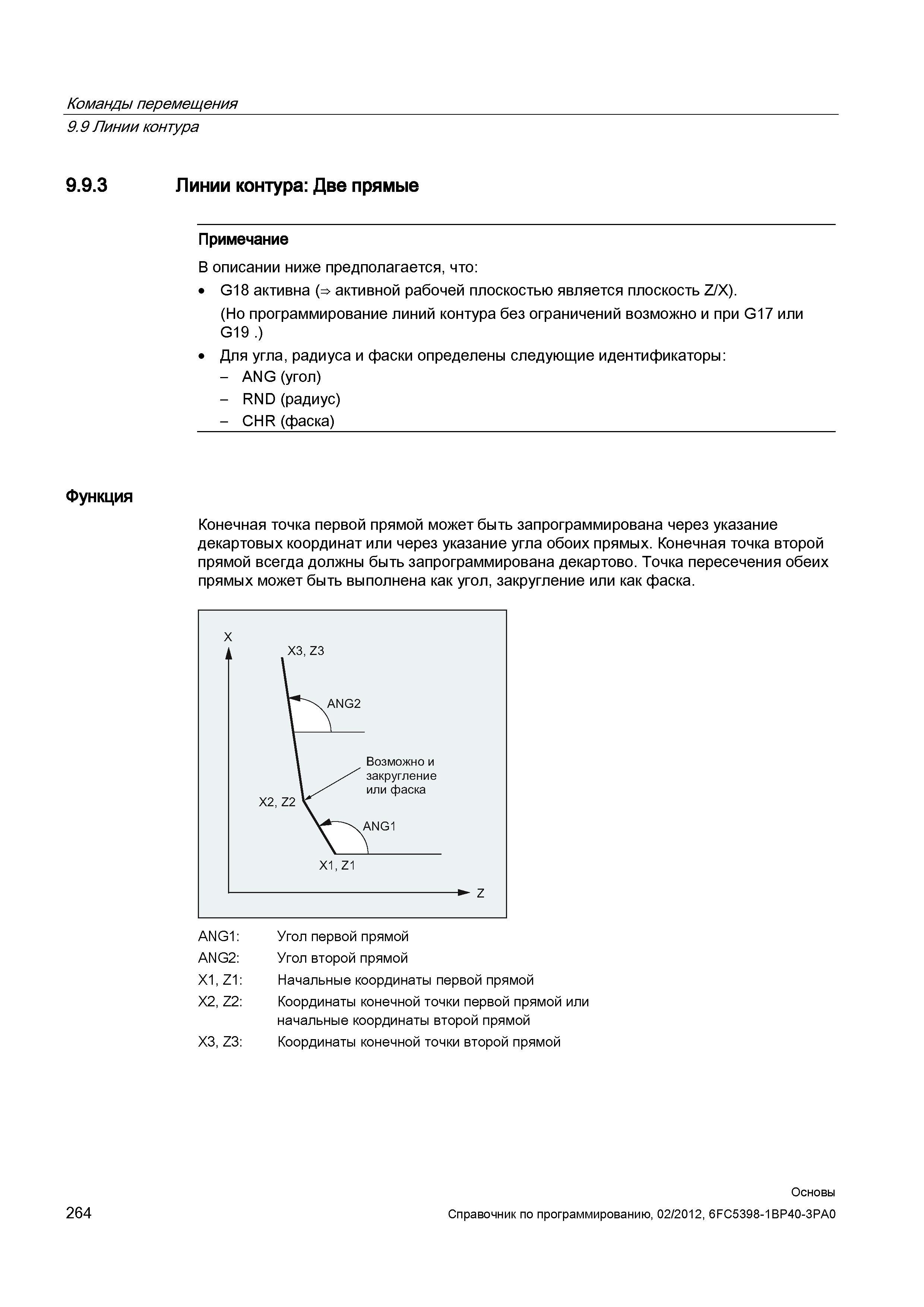 264 Для угла радиуса и фаски определены следующие идентификаторы - ANG (угол) - RND (радиус) - CHR (фаска) Функция Конечная точка первой прямой Справочник SIEMENS 2012 Пользователя Основы программирования стоек ЧПУ Sinumerik 840D sl 828D Металлообрабатывающее оборудование Стр. 264