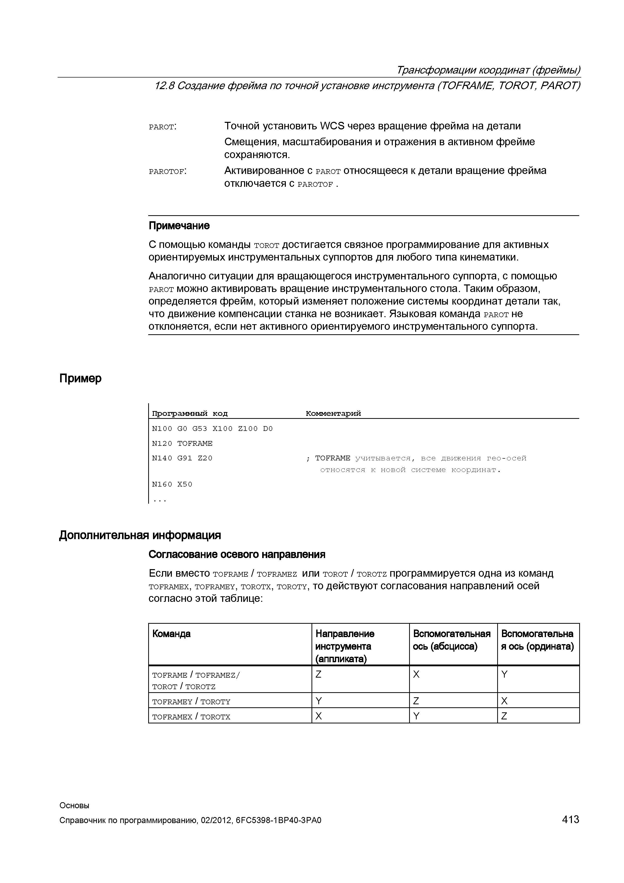 413 Точной установить WCS через вращение фрейма на детали Смещения масштабирования и отражения в активном фрейме сохраняются parotof Активирован Справочник SIEMENS 2012 Пользователя Основы программирования стоек ЧПУ Sinumerik 840D sl 828D Металлообрабатывающее оборудование Стр. 413