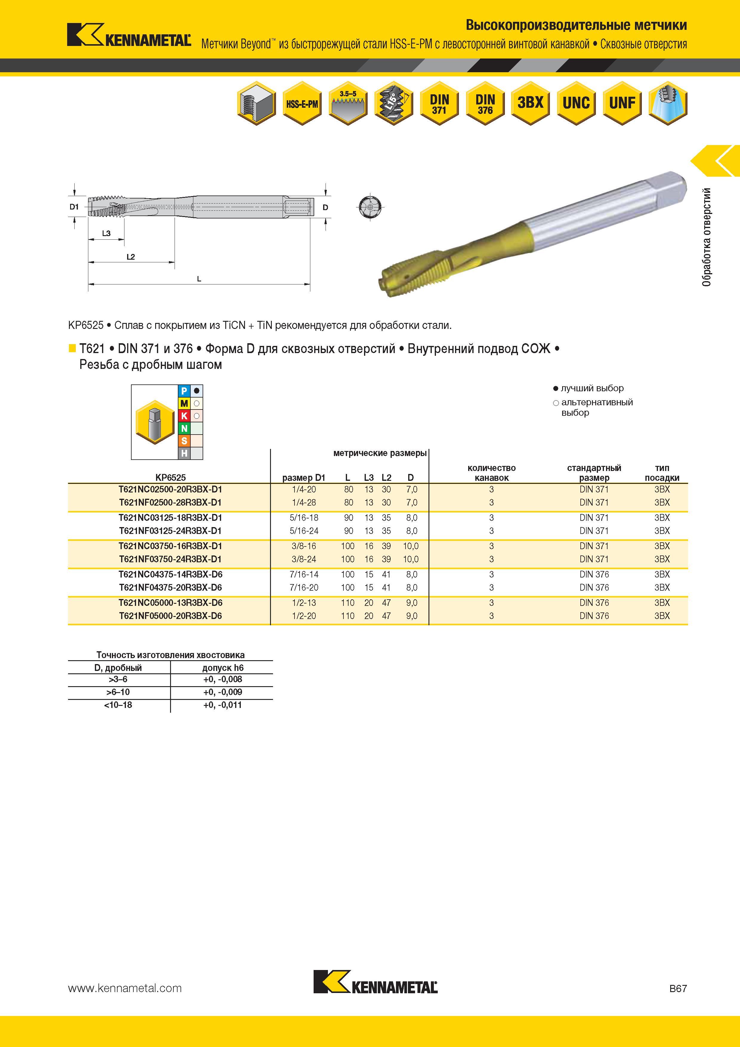 361 Высокопроизводительные метчики Kennametal Метчики Beyond из быстрорежущей стали HSS-E-PM с левосторонней винтовой канавкой Сквозные отверстия KP6525 Сп Каталог KENNAMETAL 2014 Инновации Новый металлорежущий инструмент и инструментальная оснастка для станков и станочных комплексов Стр. B67