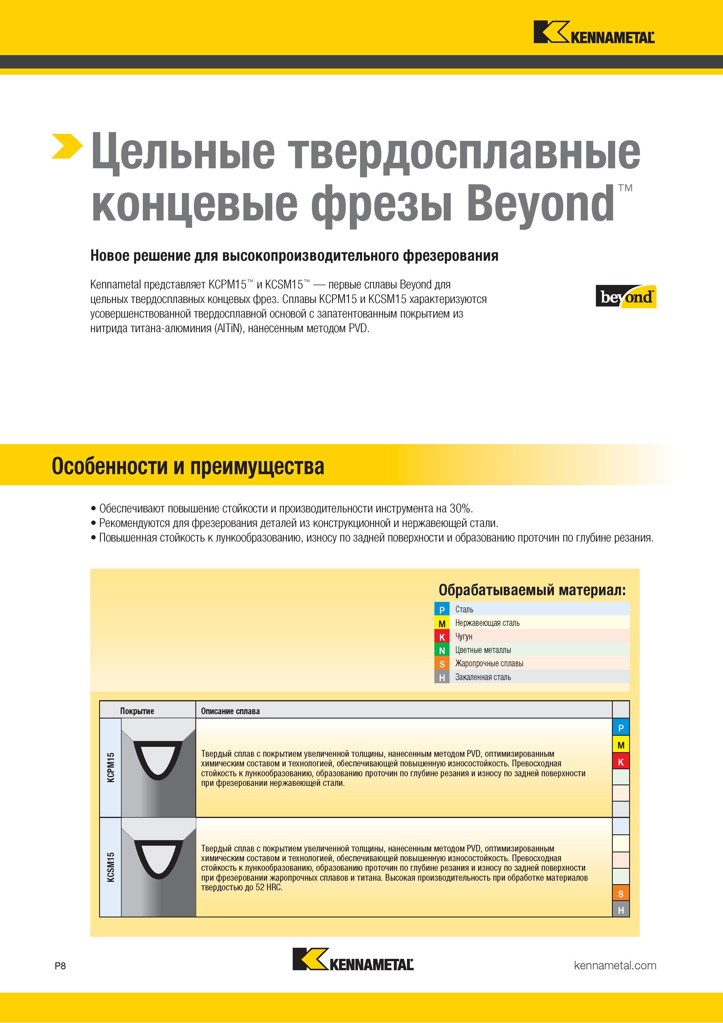 862 Kennametal > Цельные твердосплавные концевые фрезы Beyond Новое решение для высокопроизводительного фрезерования Kennametal представляет KCPM15 и KCS Каталог KENNAMETAL 2018 Режущий инструмент для обработки отверстий в металлах и сплавах Быстрорежущие метчики и раскатники Сборные фрезы с СРП и твердосплавные Стр. P8