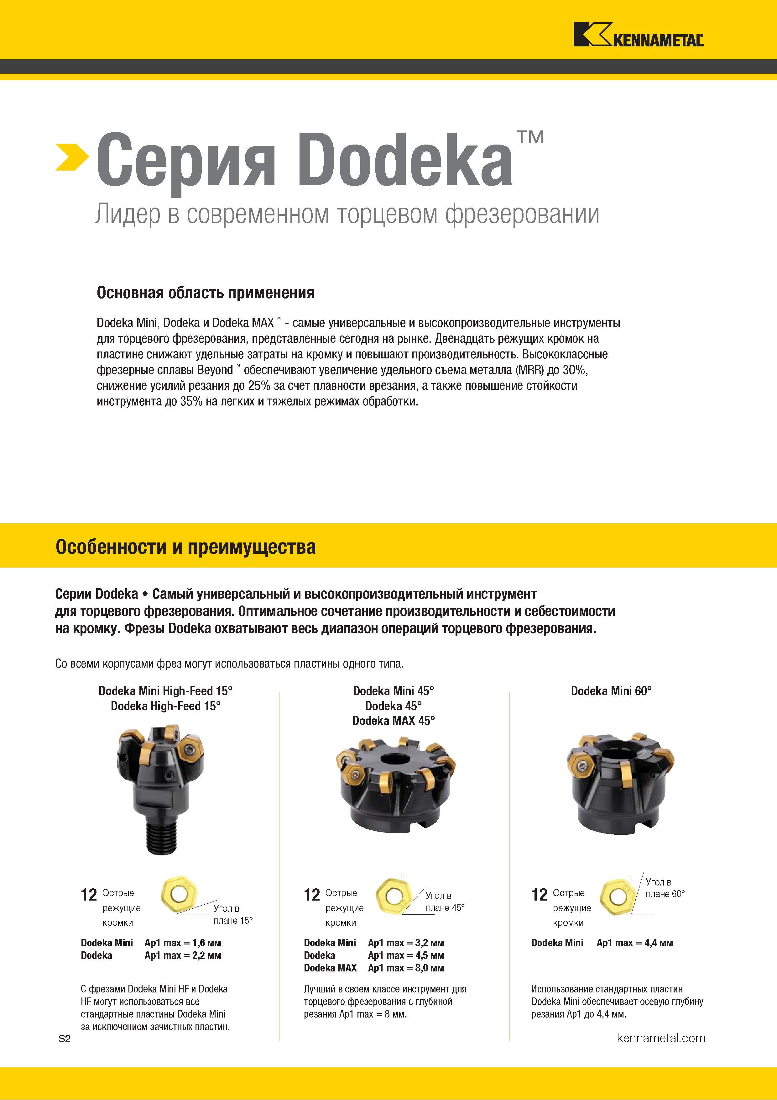 1120 >Серия Dodeka Лидер в современном торцевом фрезеровании Основная область применения Dodeka Mini, Dodeka и Dodeka MAX - самые универсальные и высокопр Каталог KENNAMETAL 2018 Режущий инструмент для обработки отверстий в металлах и сплавах Быстрорежущие метчики и раскатники Сборные фрезы с СРП и твердосплавные Стр. S2