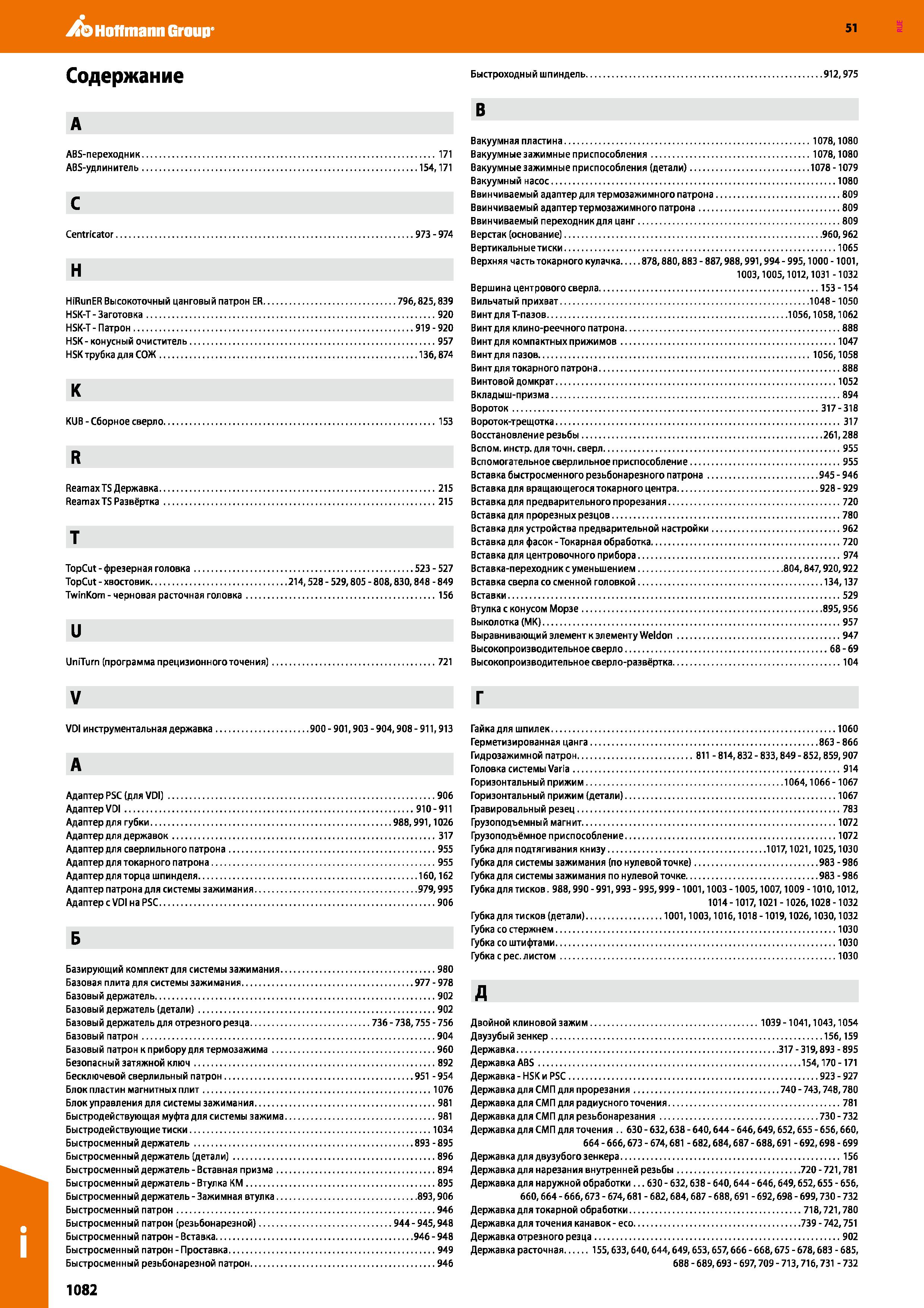 1082 Поиск инструмента режущего и вспомогательного для станочного оборудования Алфавитный поисковый указатель каталога комплексного поставщика Каталог HOFFMANN GROUP 2020 Режущий и вспомогательный инструмент для металлорежущих станков с ЧПУ и универсальных Сверла Фрезы Метчики Резцы Развертки Оснастка инструментальная Стр. 1082