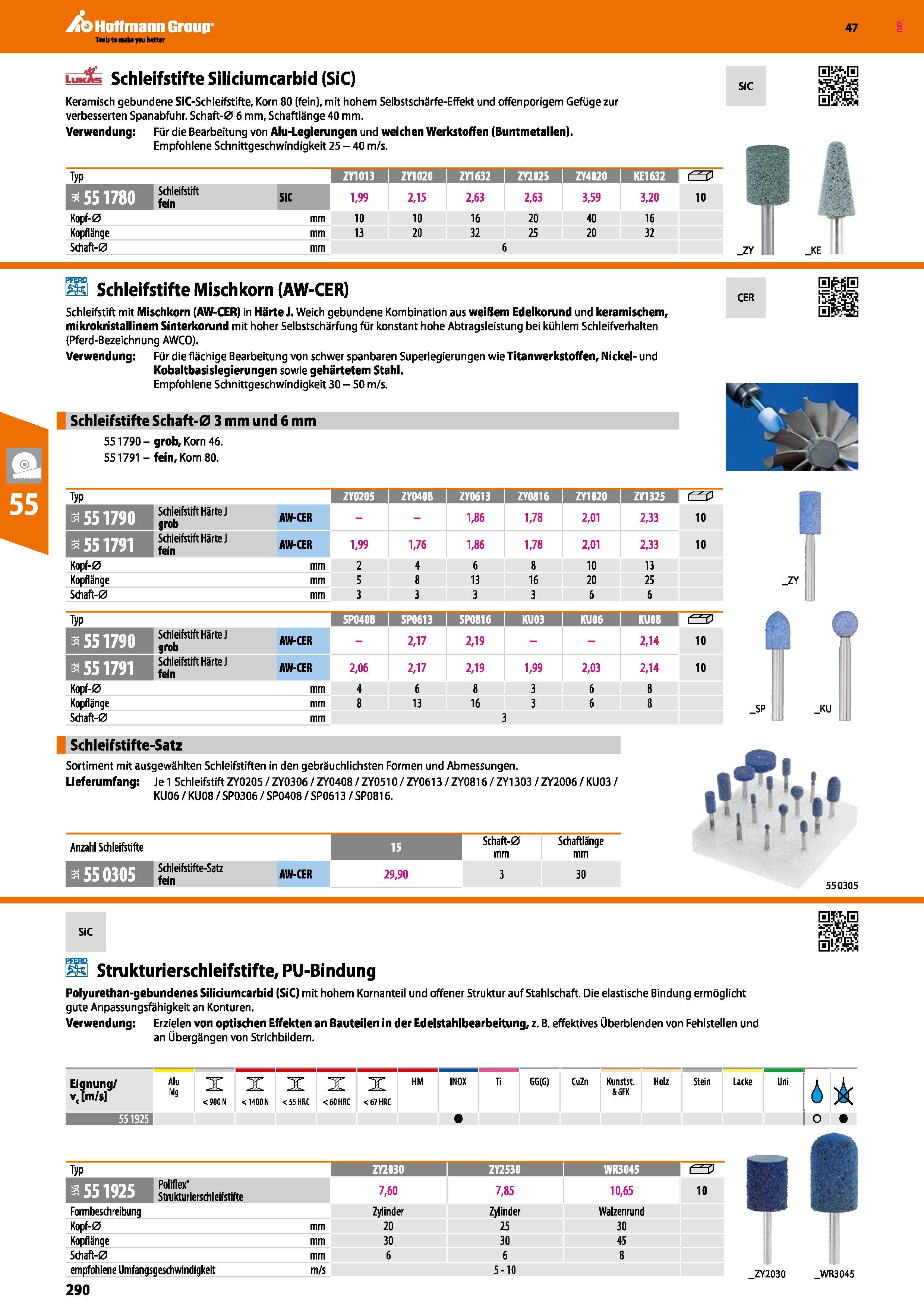 290 luk Schleifstifte Siliciumcarbid (SiC) Keramisch gebundene SiC-Schieifstifte, Korn 80 (fein , mit hohem Selbstschärfe-Effekt und offenporigem Gef Каталог HOFFMANN GROUP 2016 Ручной слесарно-монтажный и контрольно-измерительный инструмент и приборы для предприятий машиностроения и мастерских сервисного обслуживания 47 версия издания Стр. 290 DEU