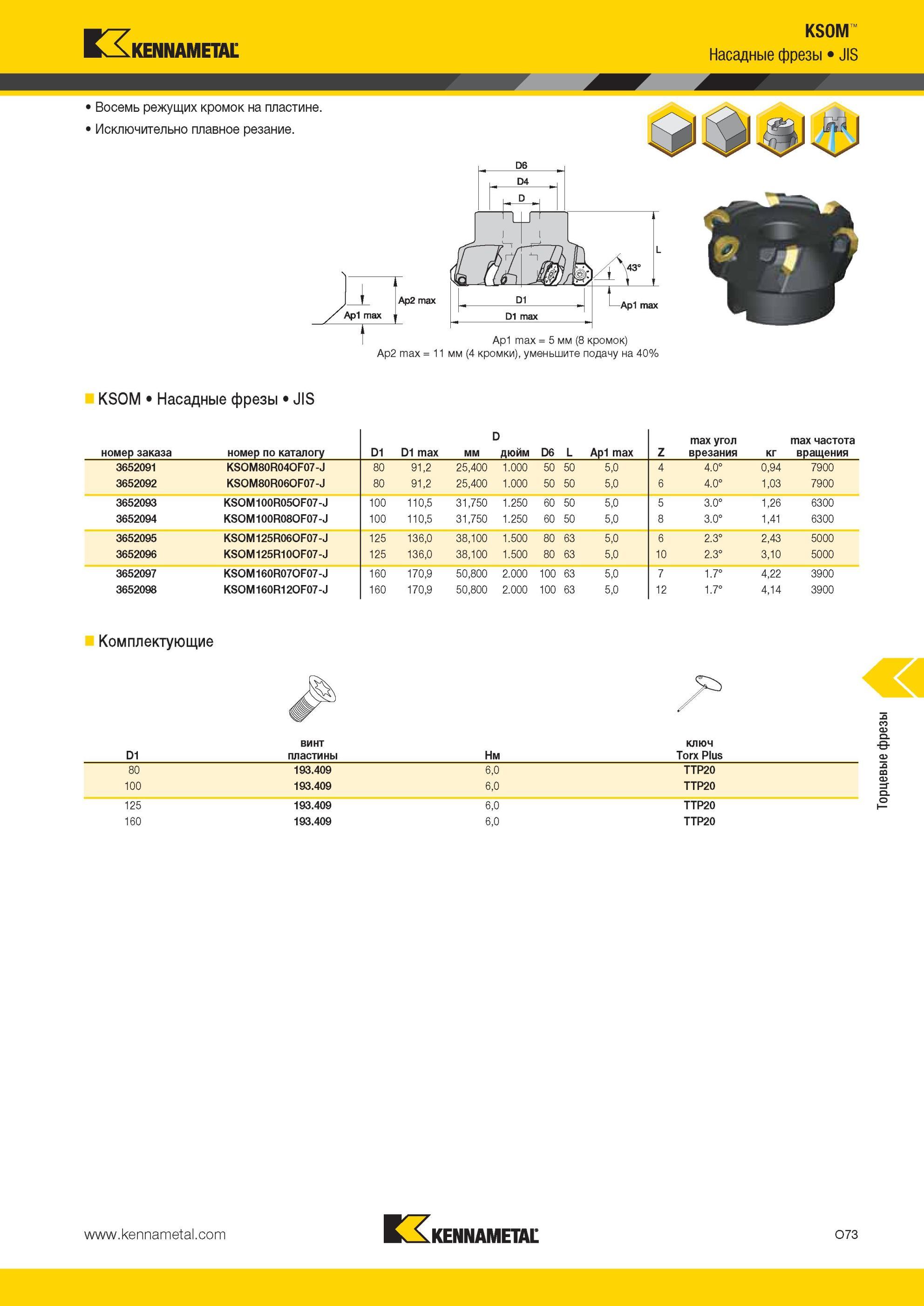 1609 Восемь режущих кромок на пластине Kennametal Исключительно плавное резание KSOM Насадные фрезы JIS Ap1 max = 5 мм (8 кромок) Ap2 max = 11 мм (4 кромки Мастер-каталог KENNAMETAL 2013 Металлорежущий инструмент Точение Обработка отверстий Фрезерование Стр. O73
