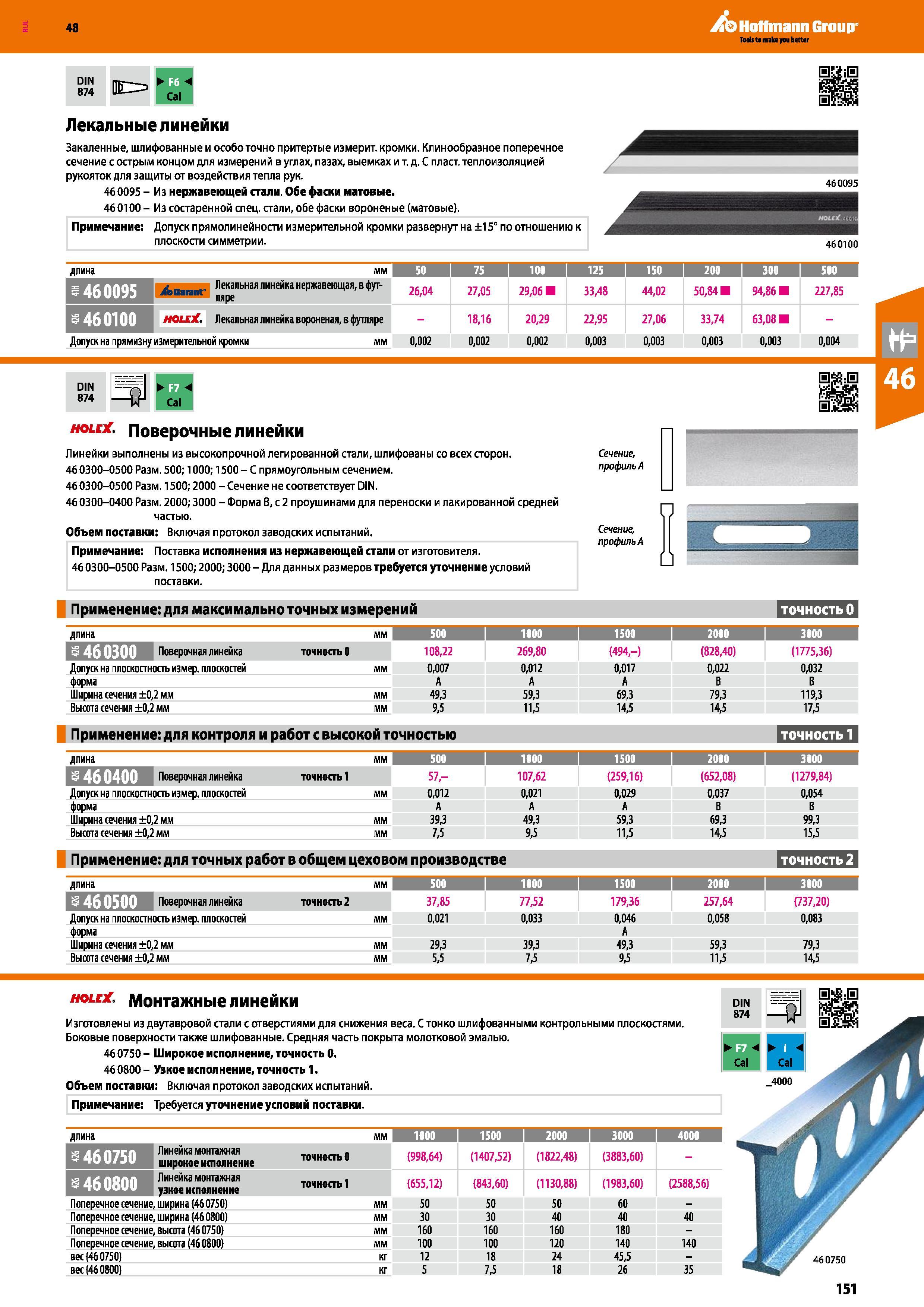 151 Лекальные линейки Закаленные, шлифованные и особо точно притертые измерит, кромки Клинообразное поперечное сечение с острым концом для из Каталог HOFFMANN GROUP 2017 Ручной слесарно-монтажный и контрольно-измерительный инструмент для производственных предприятиий и служб сервиса Инвентарь Стр. 151