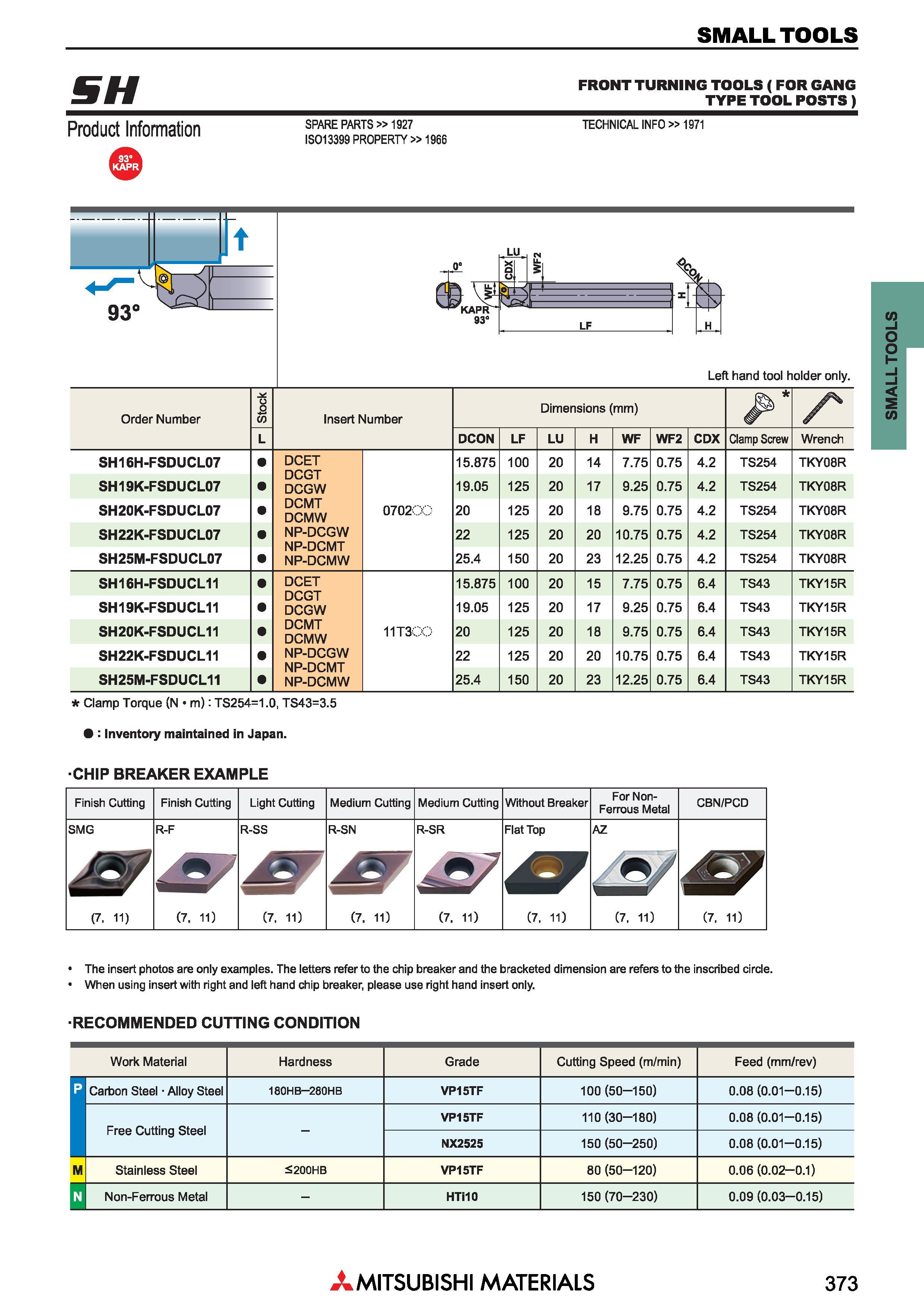 373 Малоразмерный токарный инструмент Mitsubishi по металлу SMALL TOOLS Каталог MITSUBISHI 2018 Инструмент для станков Пластины сменные режущие Фрезы концевые твердосплавные и сборные с СРП Сверла спиральные Резцы токарные Державки Стр. 373
