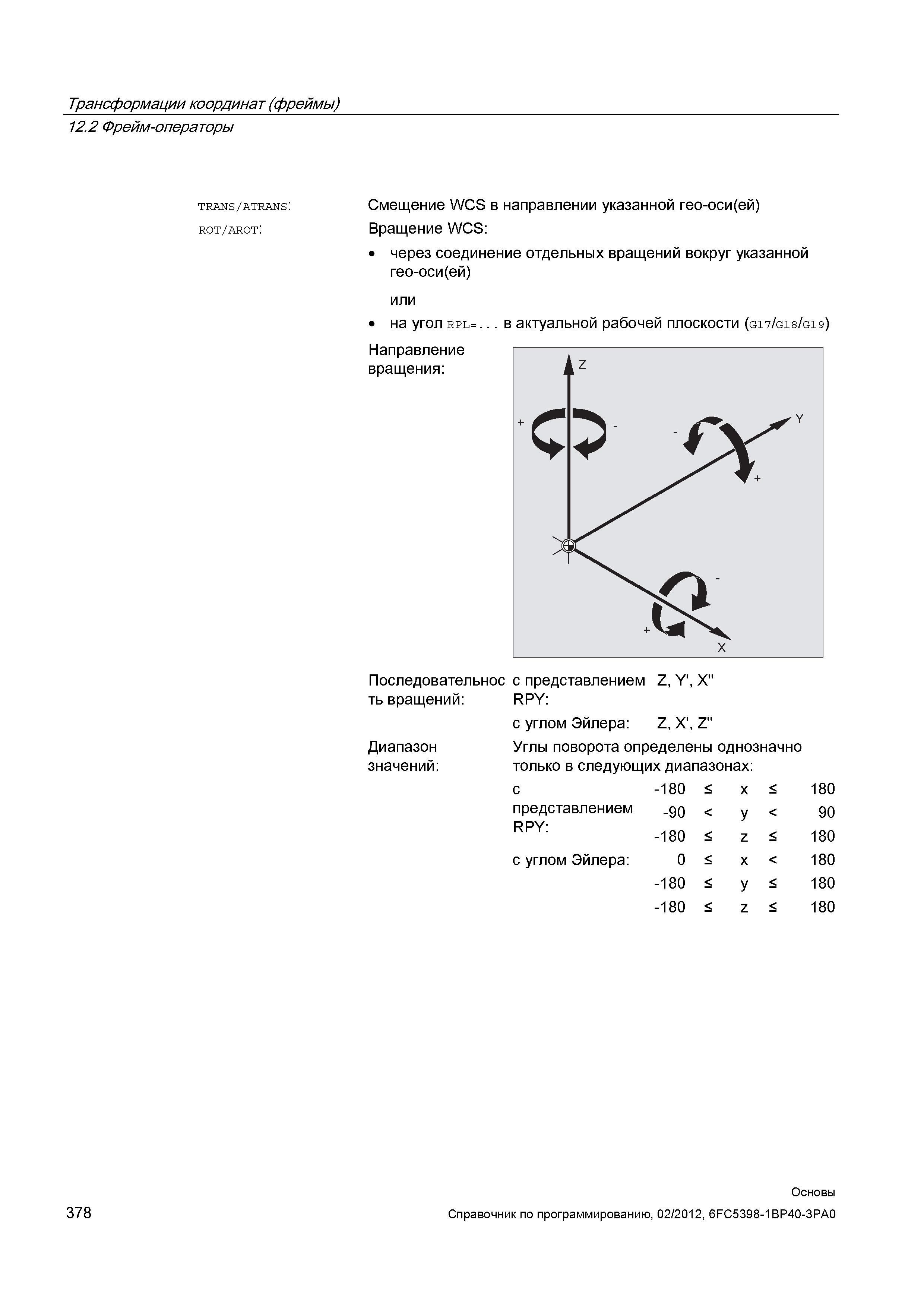378 Смещение WCS в направлении указанной гео-оси(ей) Вращение WCS через соединение отдельных вращений вокруг указанной гео-оси(ей) или на угол r Справочник SIEMENS 2012 Пользователя Основы программирования стоек ЧПУ Sinumerik 840D sl 828D Металлообрабатывающее оборудование Стр. 378