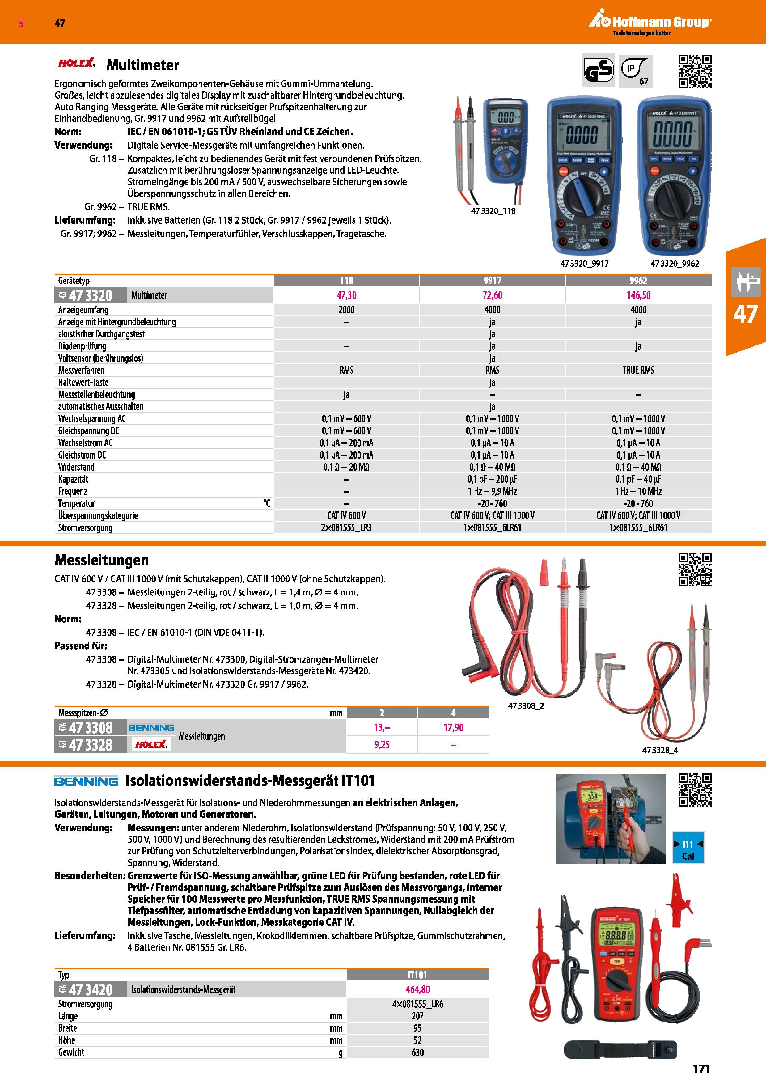 171 hole Multimeter Ergonomisch geformtes Zweikomponenten-Gehäuse mit Gummi-Ummantelung Großes, leicht abzulesendes digitales Display mit zuschaltbar Каталог HOFFMANN GROUP 2016 Ручной слесарно-монтажный и контрольно-измерительный инструмент и приборы для предприятий машиностроения и мастерских сервисного обслуживания 47 версия издания Стр. 171 DEU